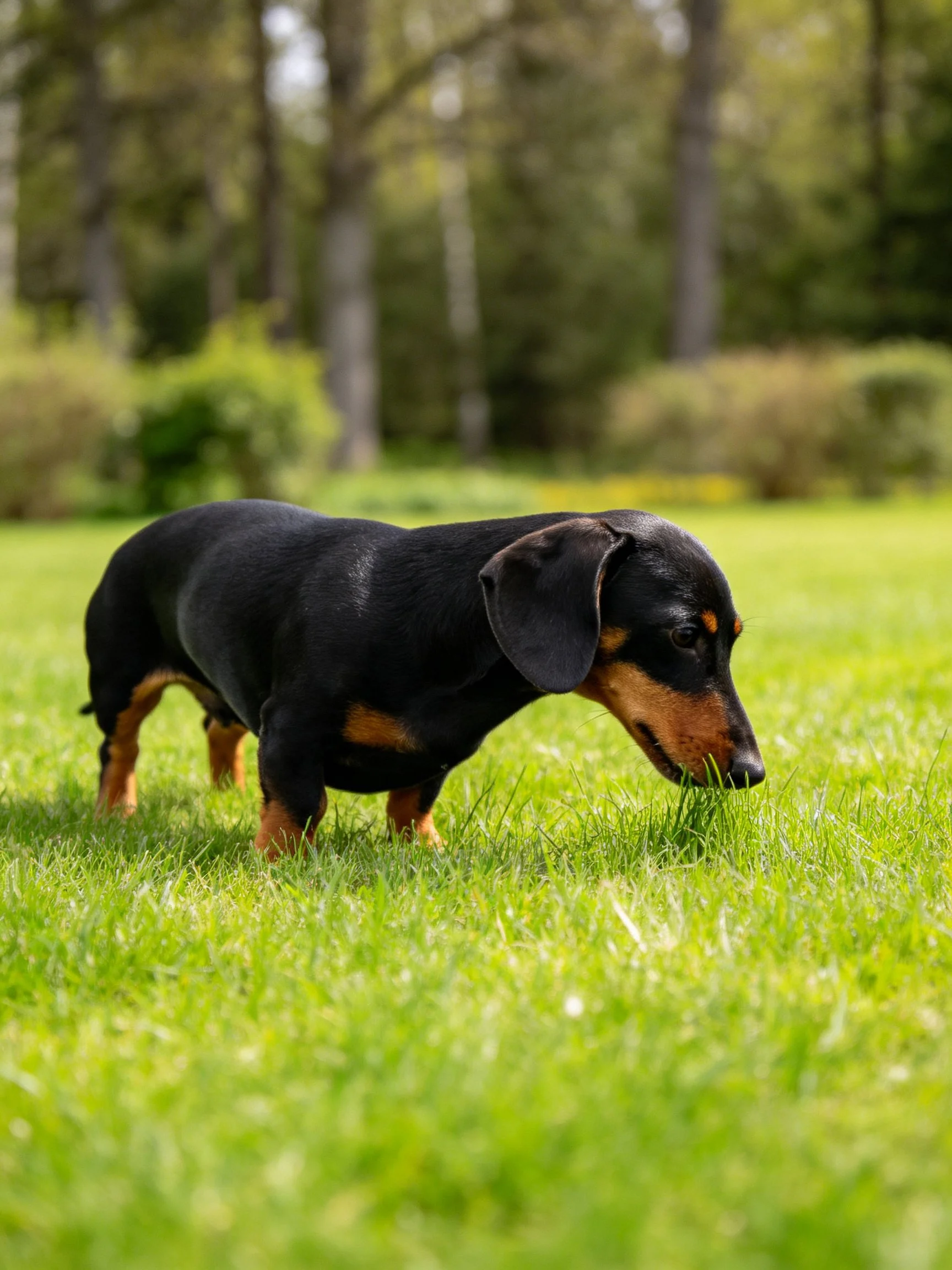 A small black and tan dachshund sniffs the grass in a sunny outdoor setting.