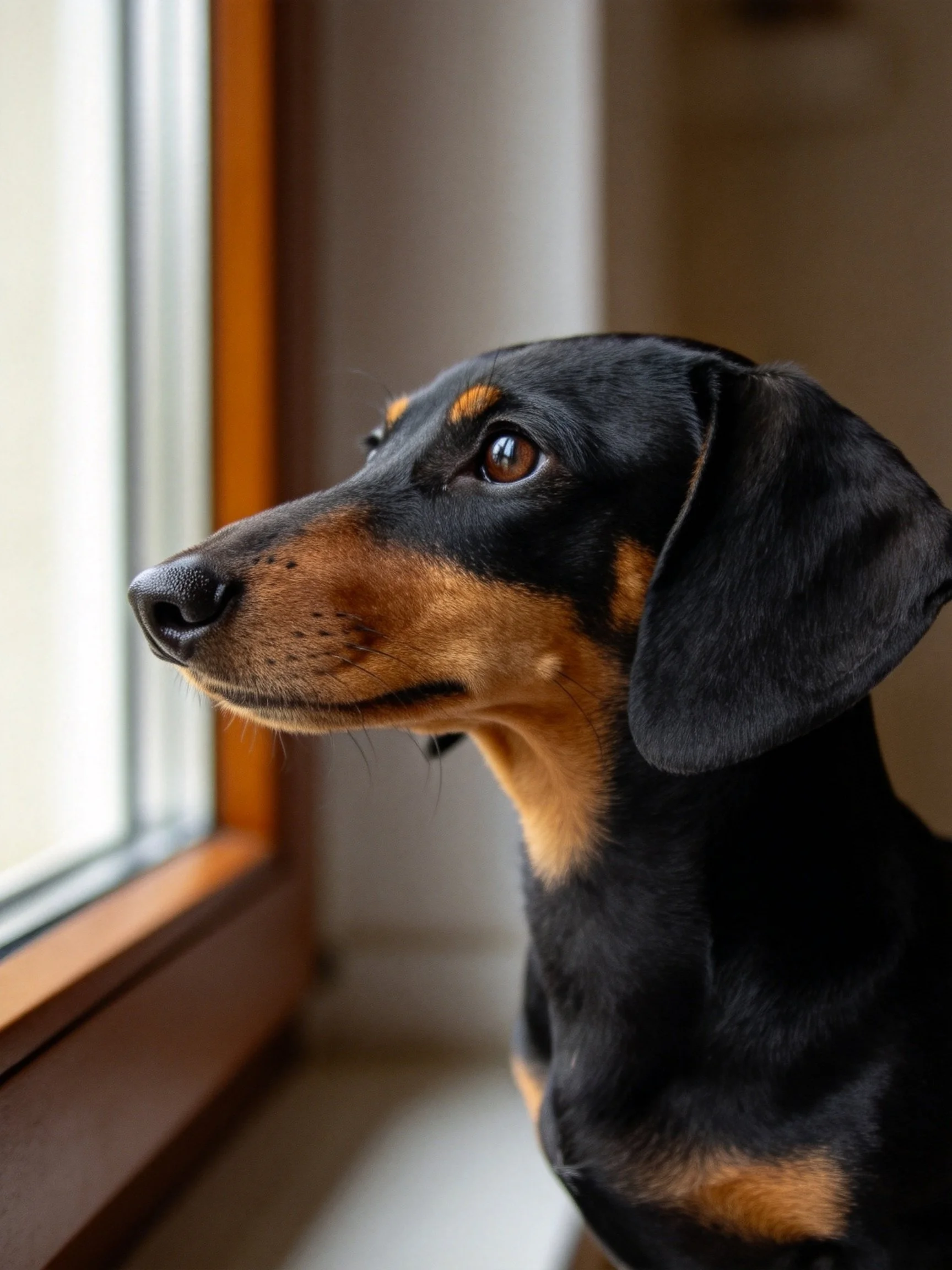 A black and tan dachshund gazes thoughtfully by a wooden-framed window