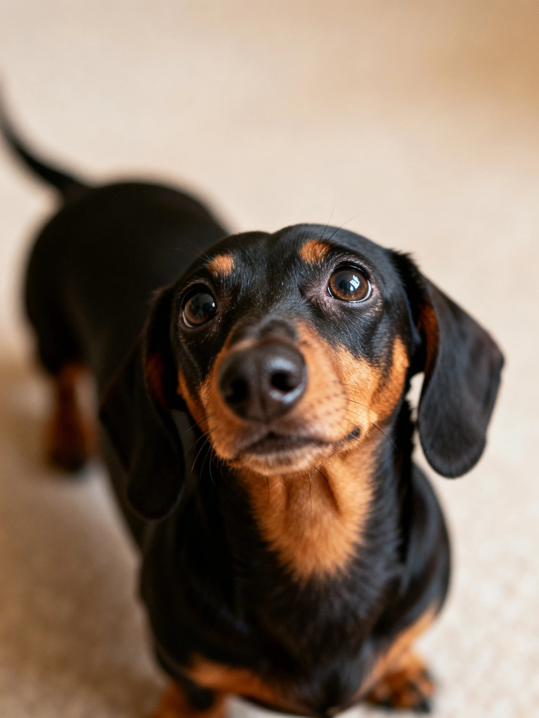 A black and tan dachshund gazes upward with large eyes