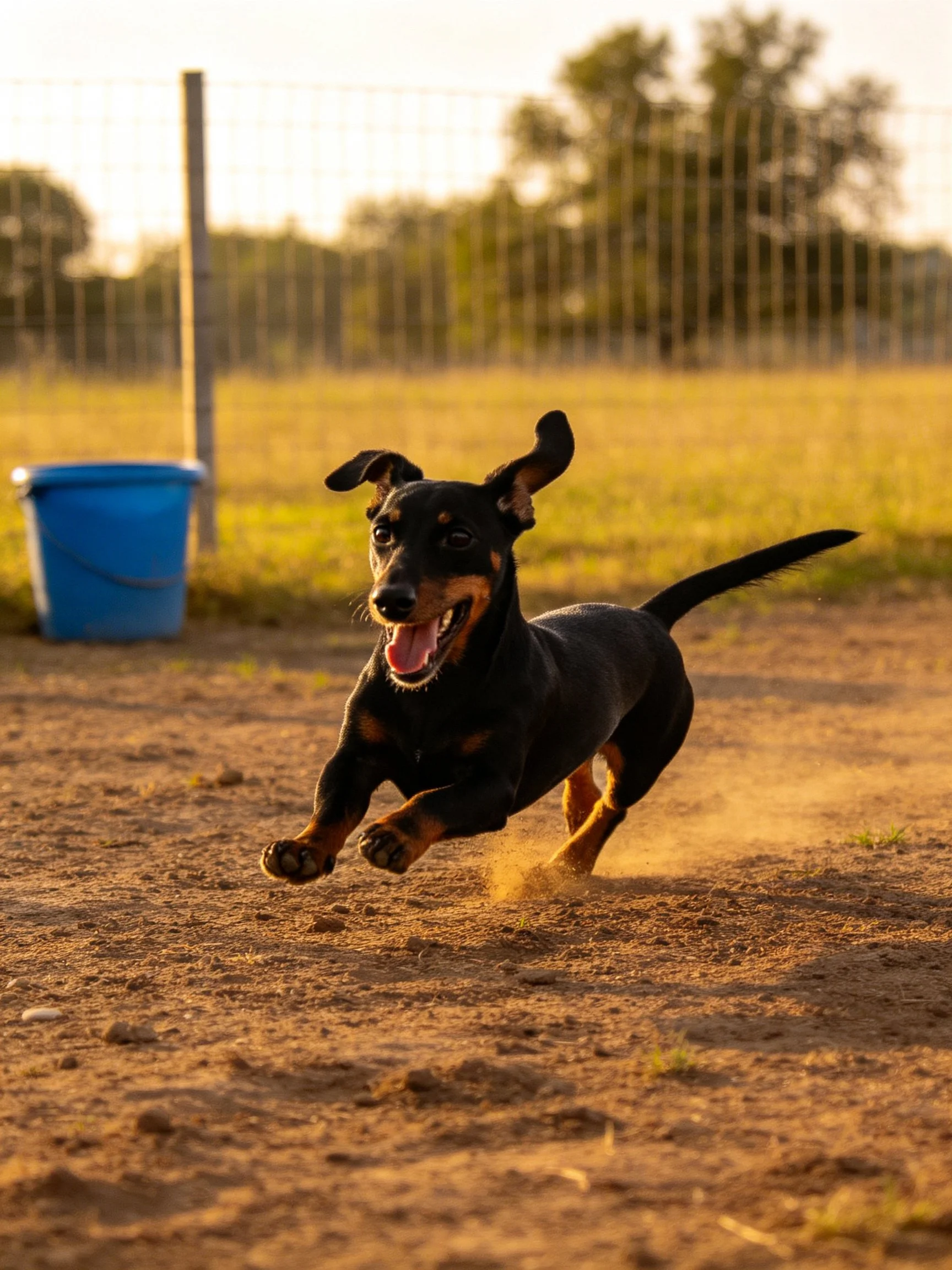 A black and tan dachshund joyfully runs on dusty ground near a blue bucket