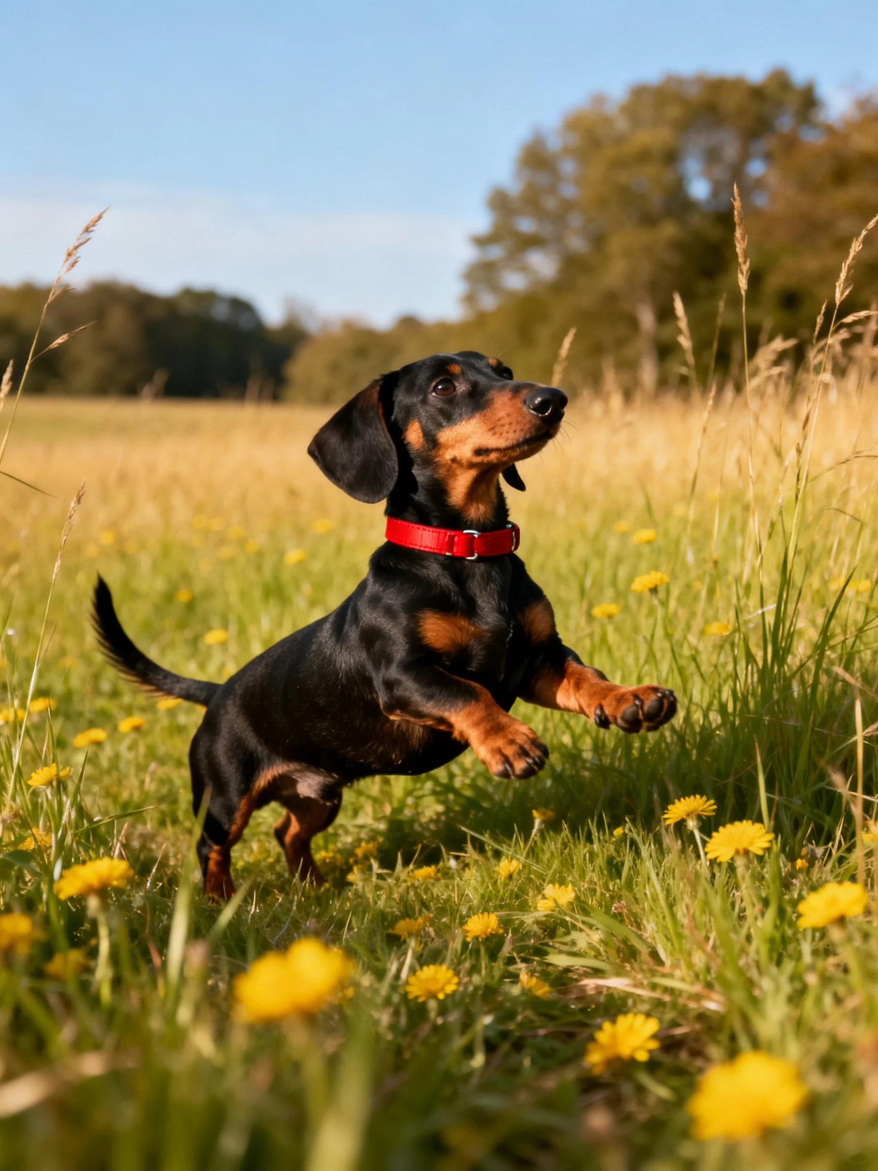 A black and tan dachshund leaps among tall grass and yellow flowers in a sunlit meadow.