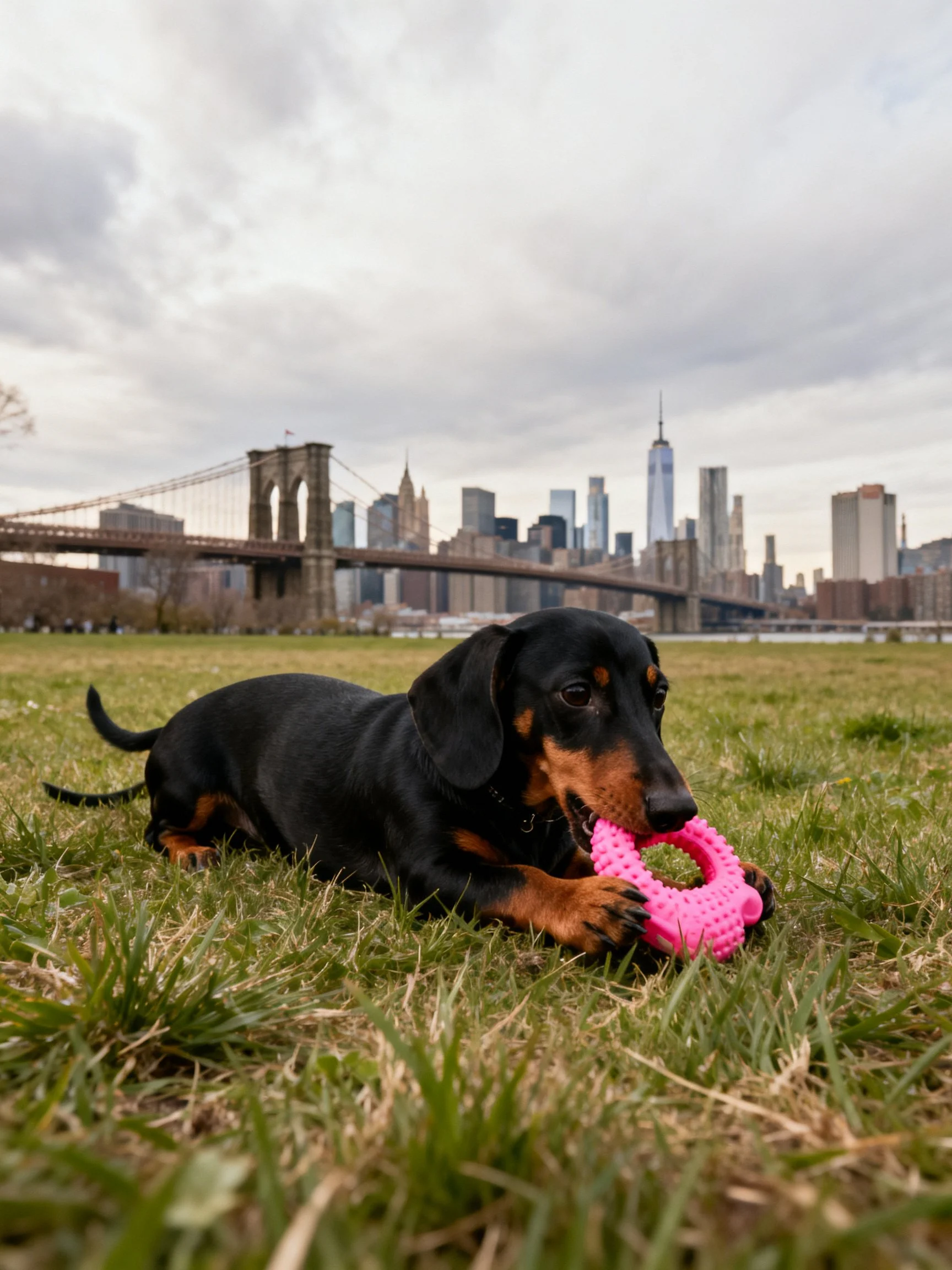 A black and tan dachshund plays with a pink toy near the Brooklyn Bridge