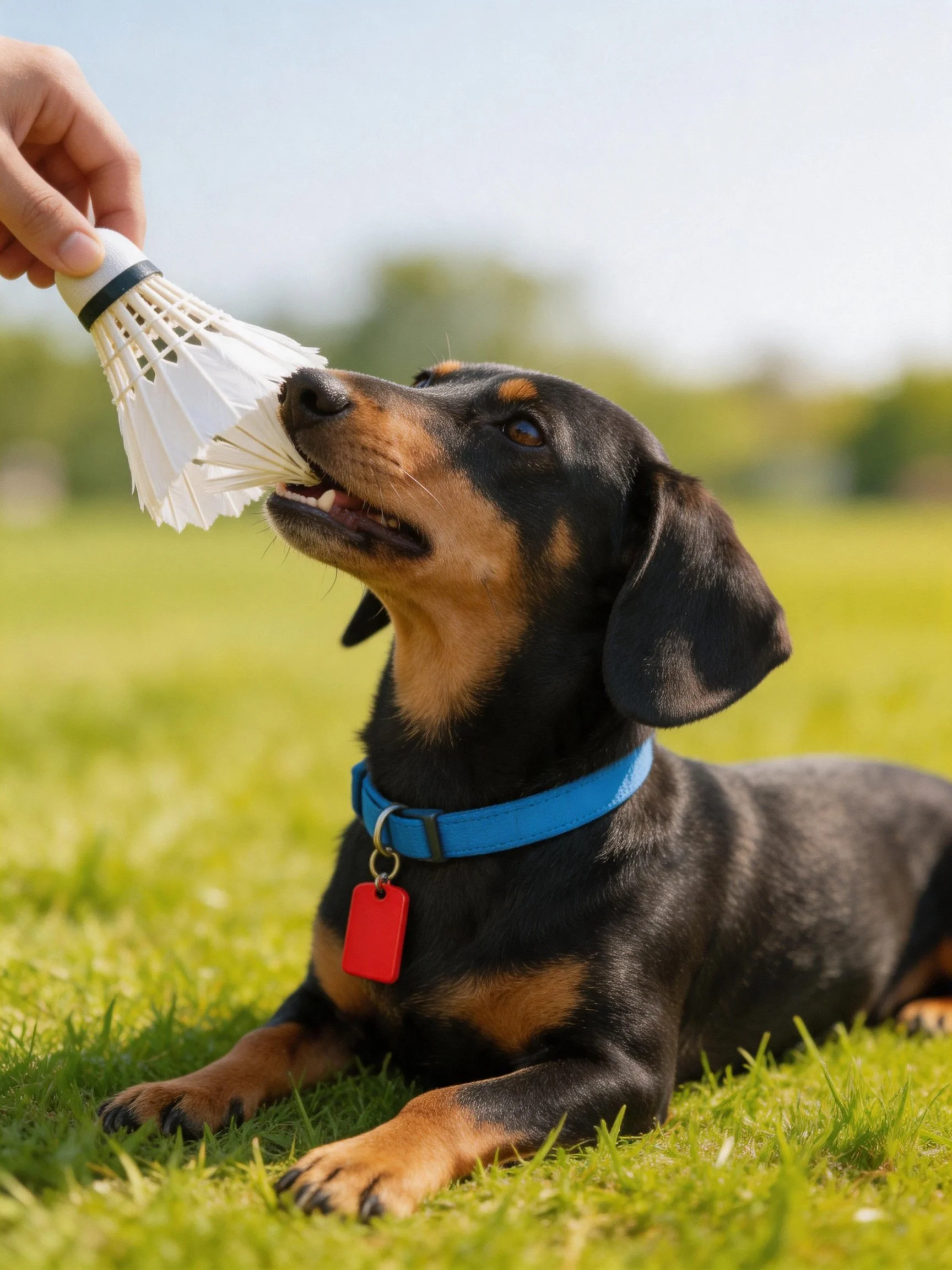 A black and tan dachshund plays with a shuttlecock on green grass