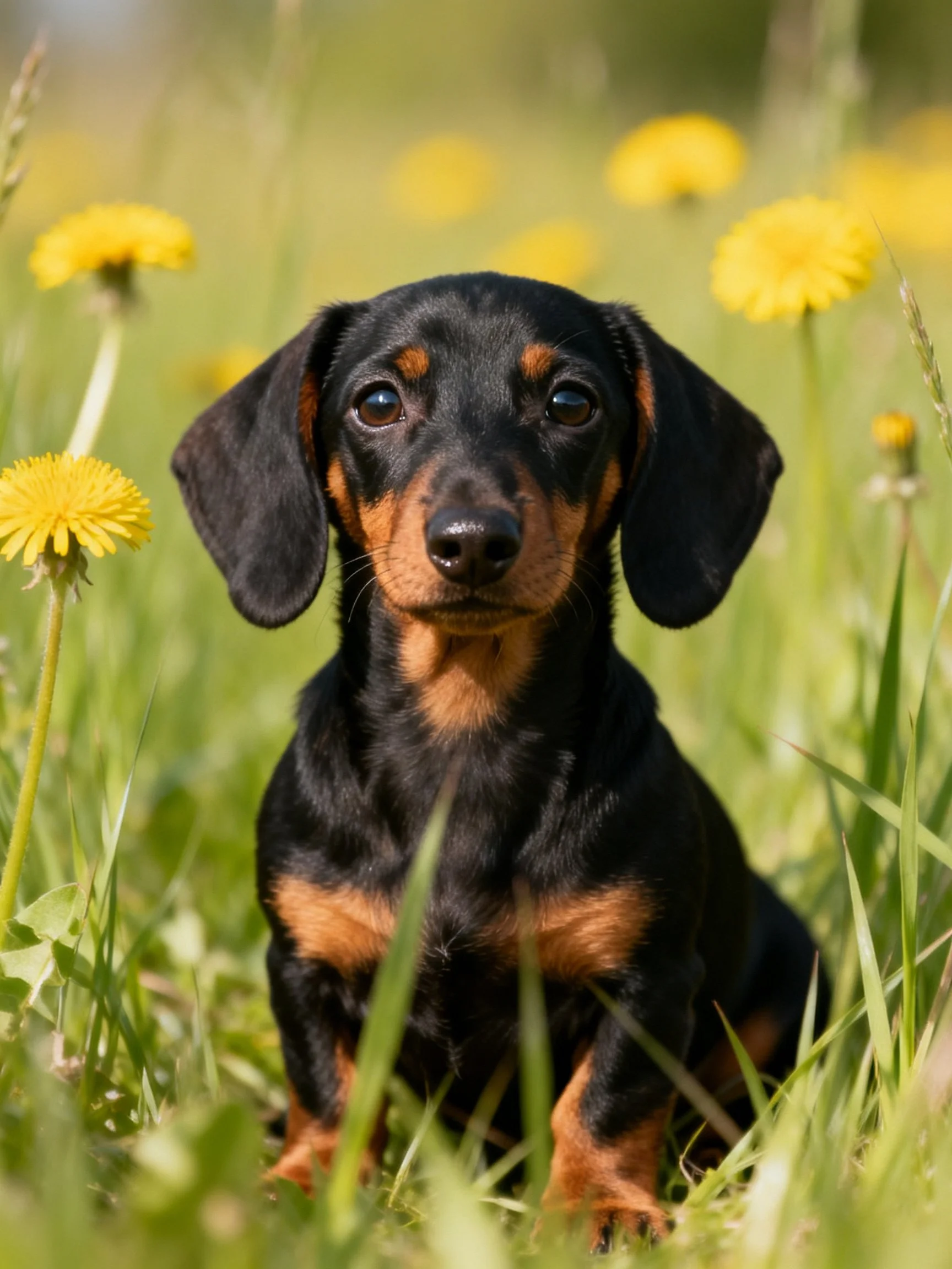 A black and tan dachshund sits among yellow dandelions in a grassy field.