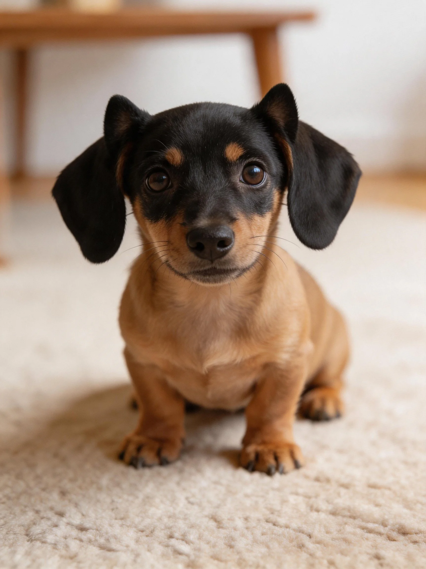 A black and tan dachshund puppy sits on a soft carpet