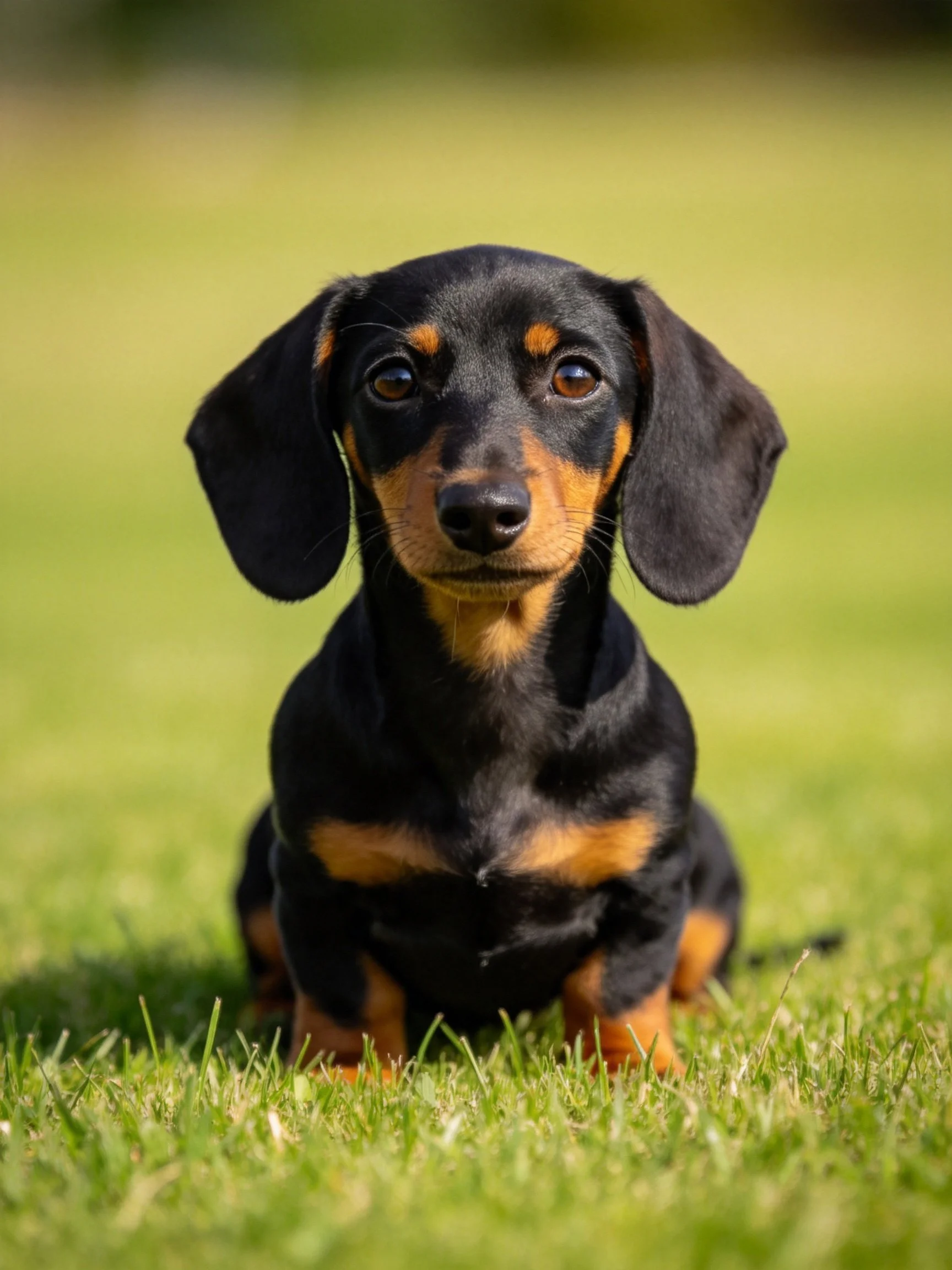 A black and tan dachshund puppy sits calmly on green grass
