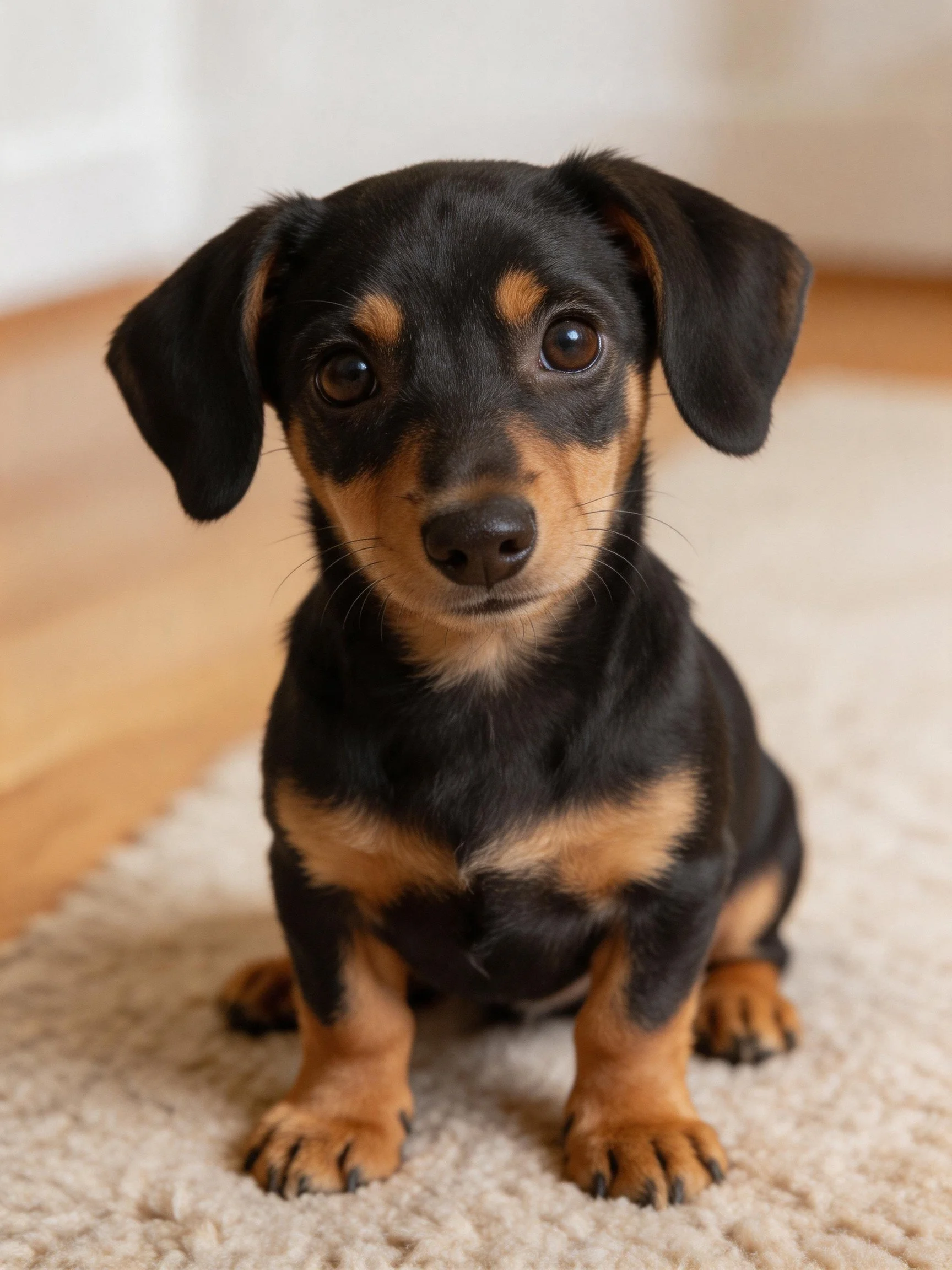 A small black and tan dachshund puppy sits calmly on a cream rug indoors.