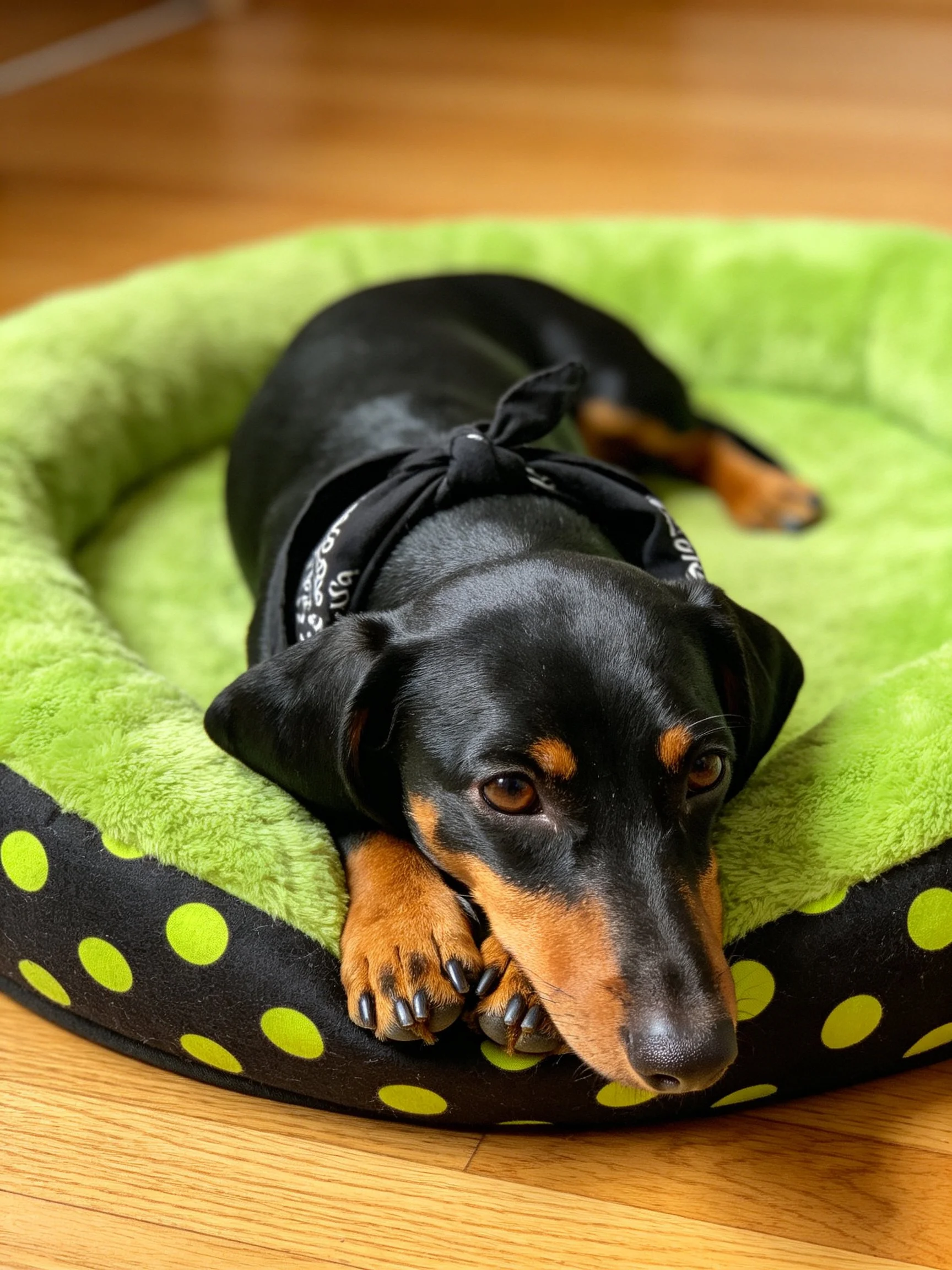 A black and tan dachshund relaxes on a lime green polka dot pet bed