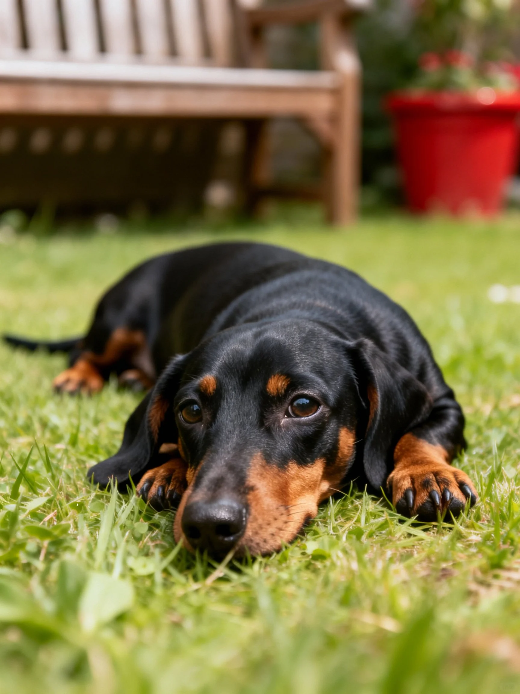 A black and tan dachshund relaxes on grass in a garden setting.