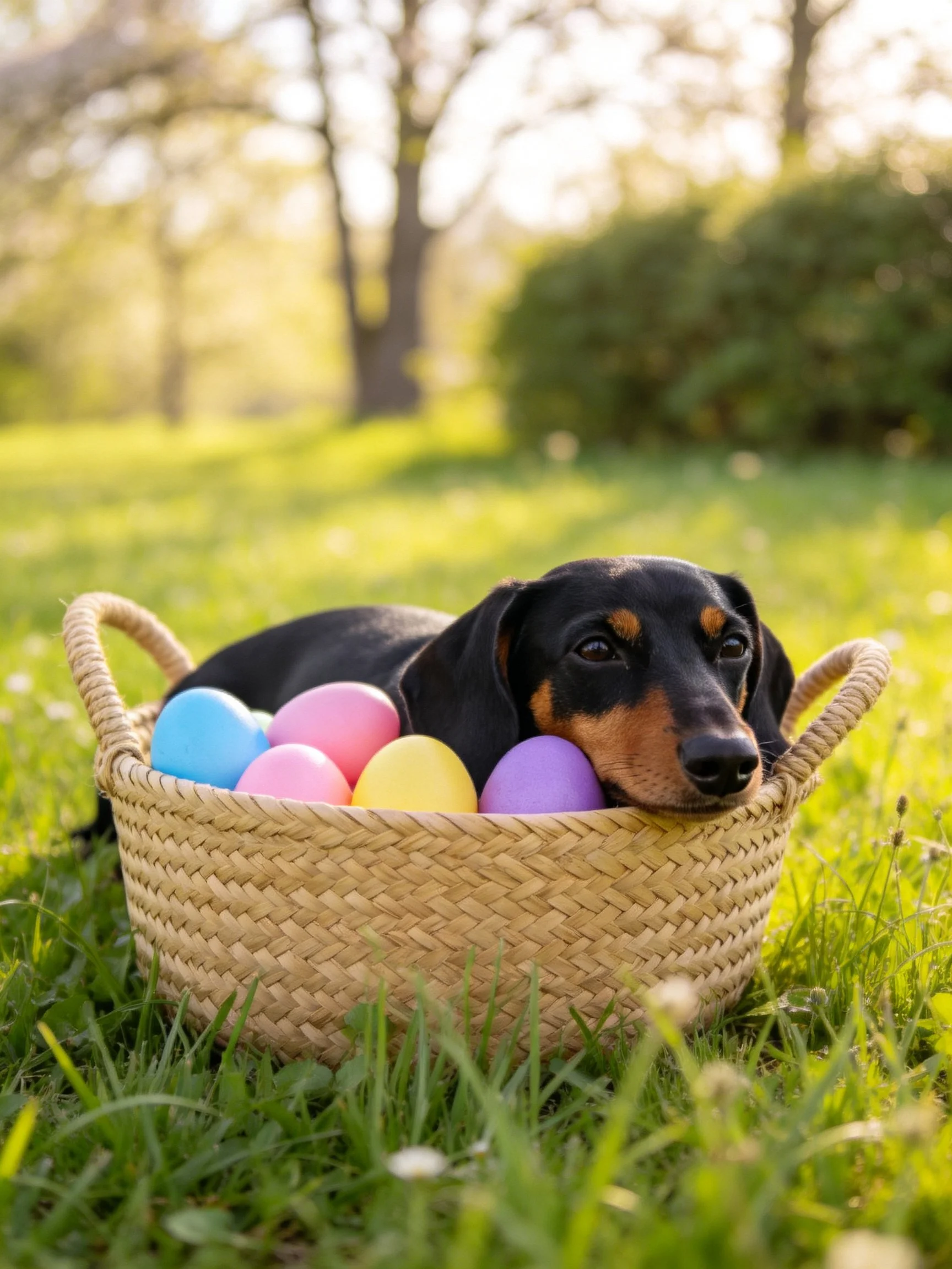 A black and tan dachshund relaxes in a basket with colorful Easter eggs outdoors.