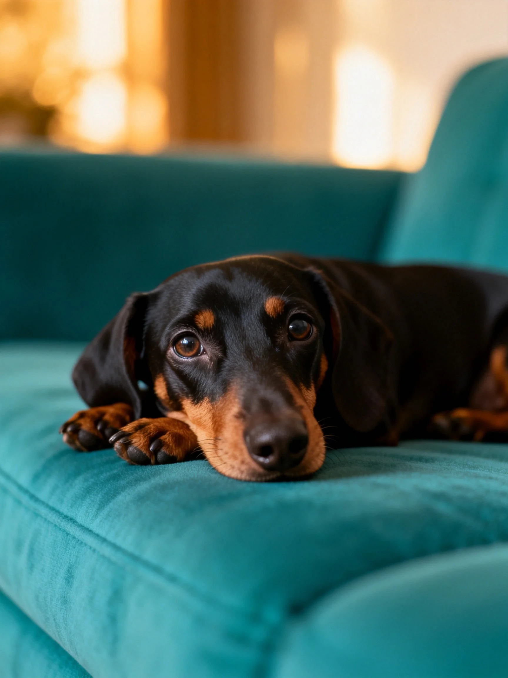 A black and tan dachshund relaxes on a teal sofa in a warmly lit room.