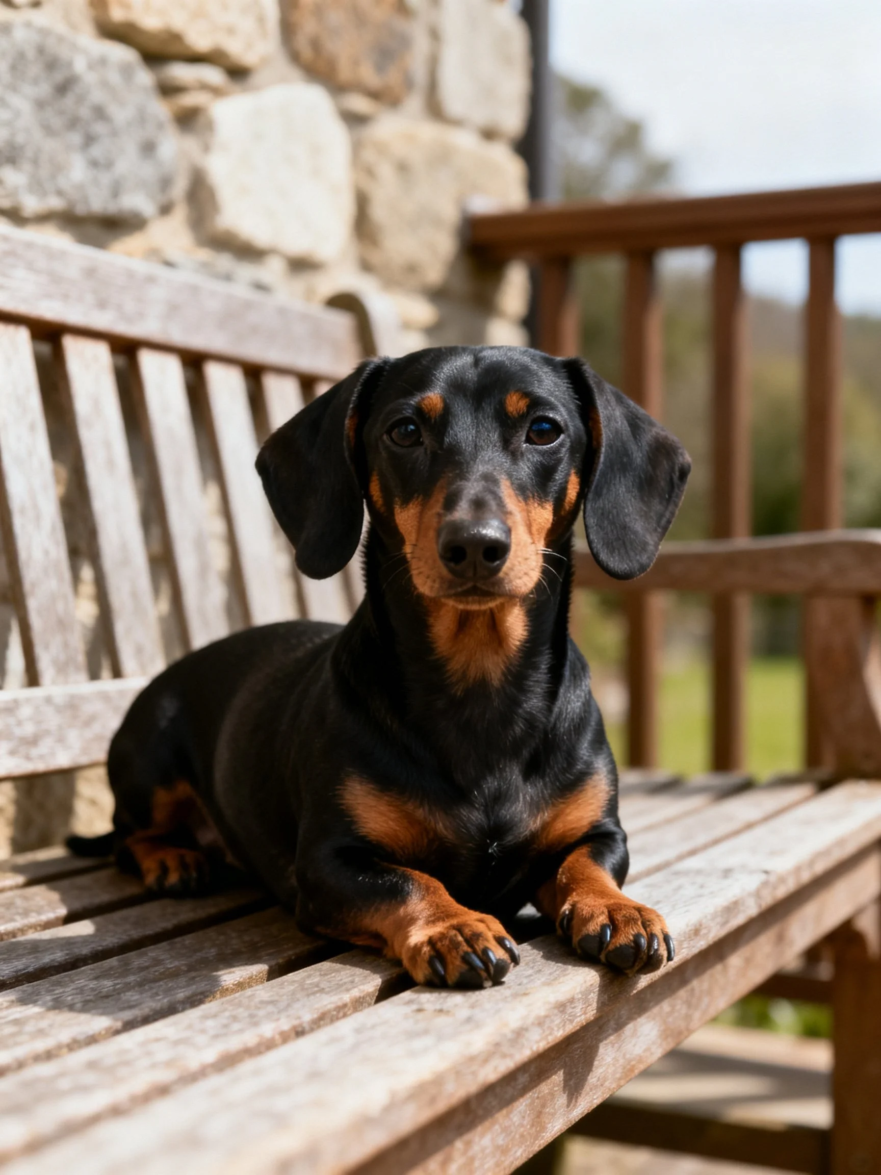 A black and tan dachshund rests on a weathered wooden bench near a stone wall