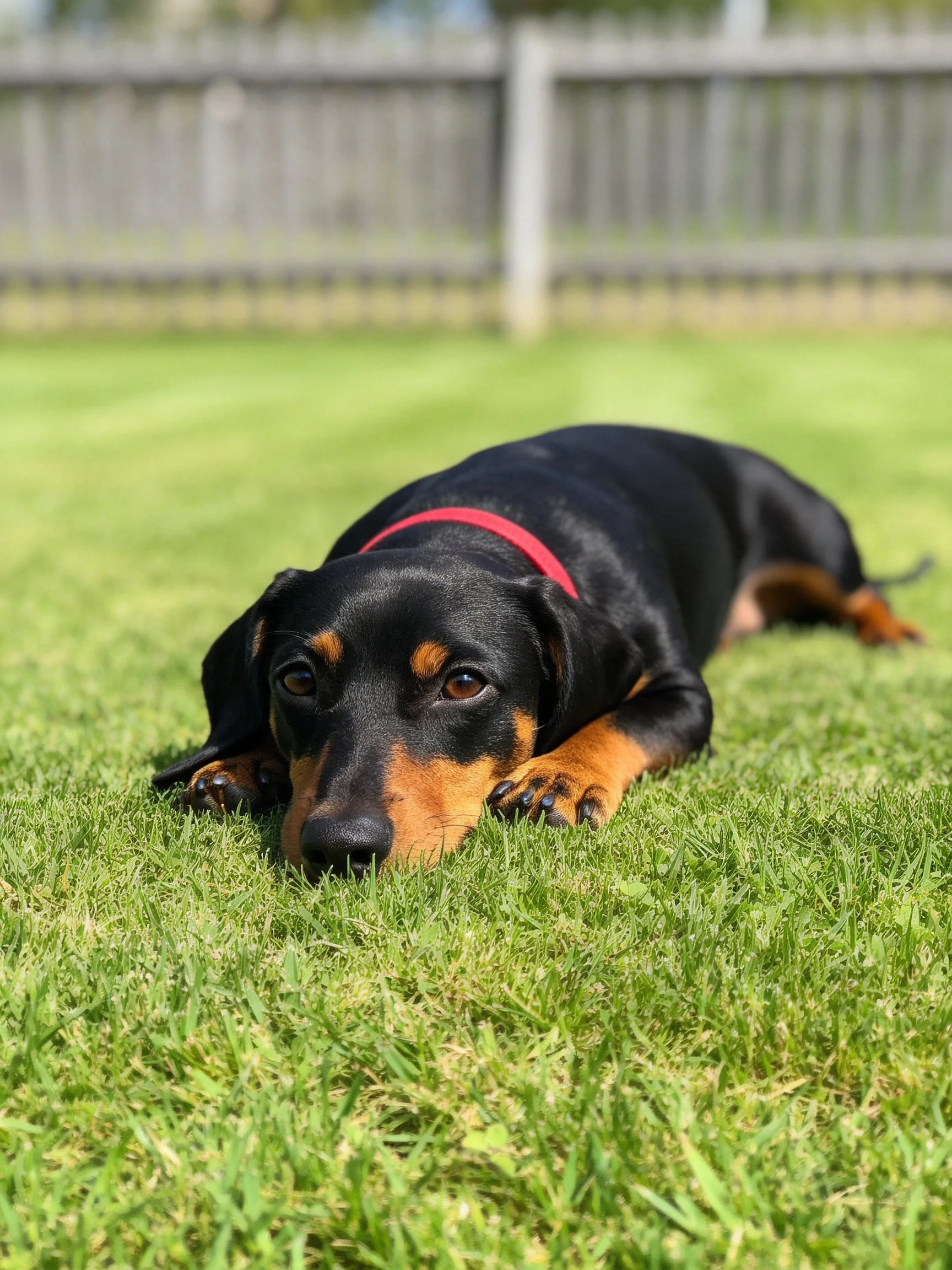 A black and tan dachshund relaxes on grass near a fence