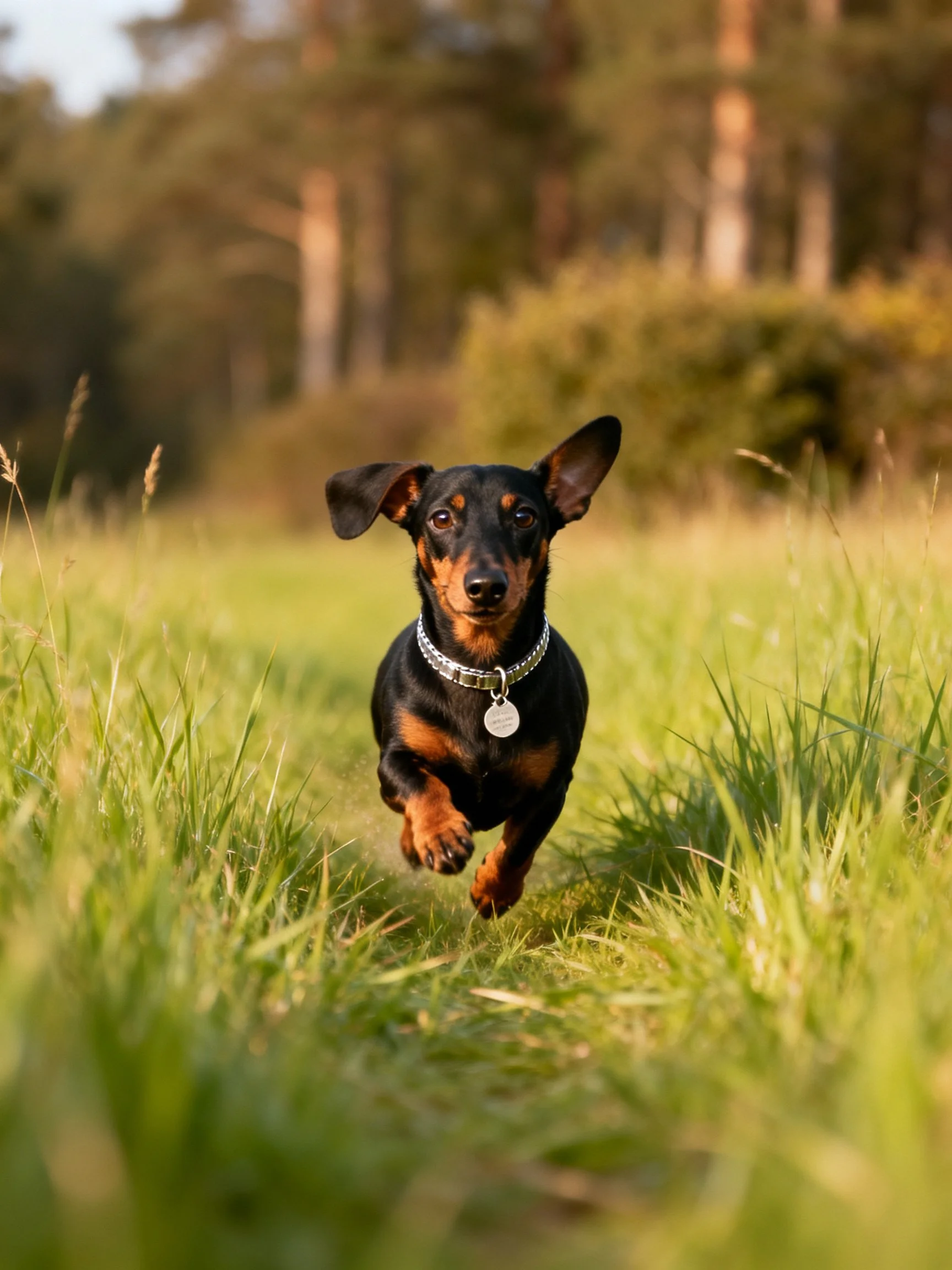 A black and tan dachshund runs through tall green grass near a wooded area