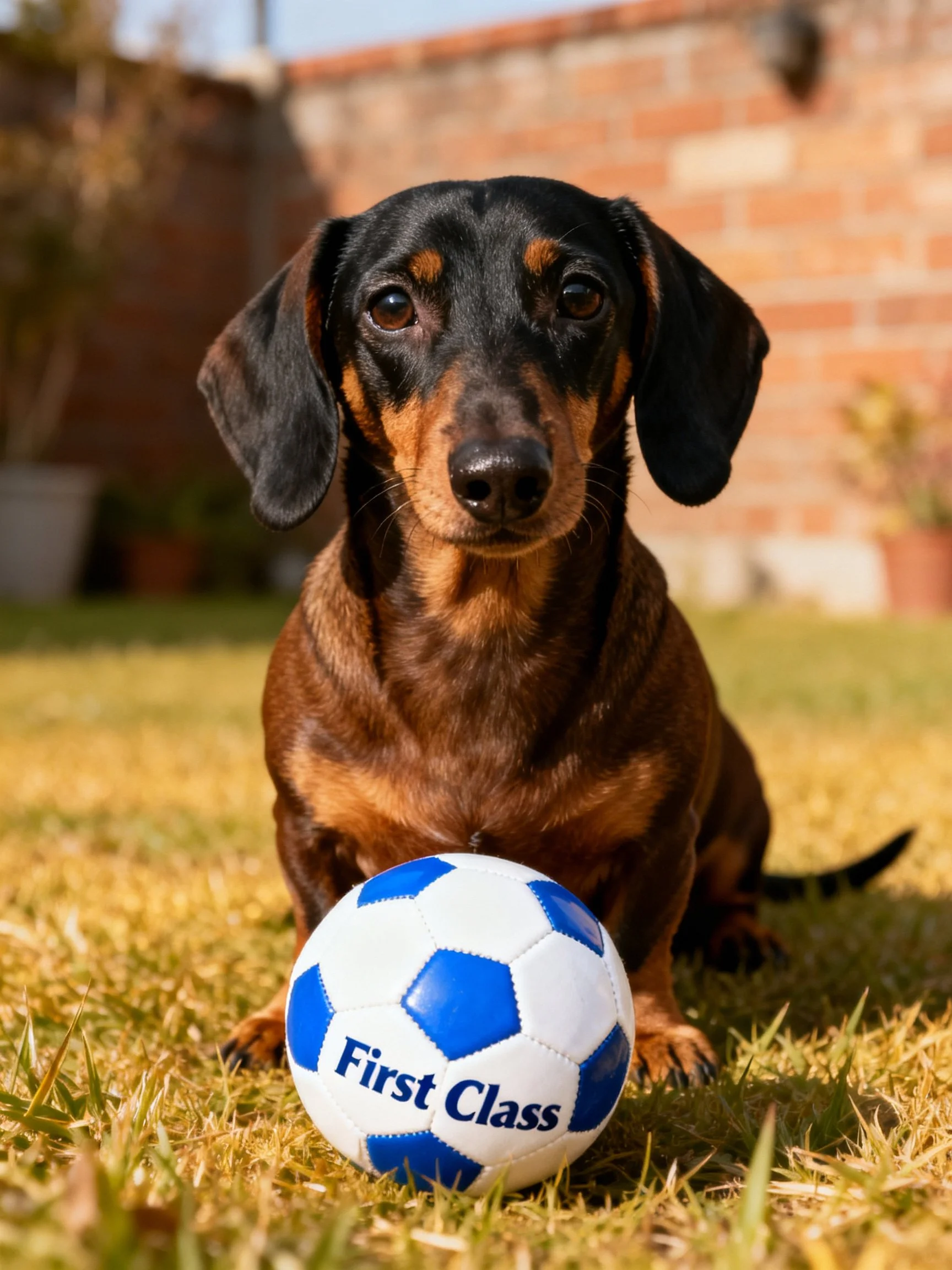 A black and tan dachshund sits beside a blue and white soccer ball