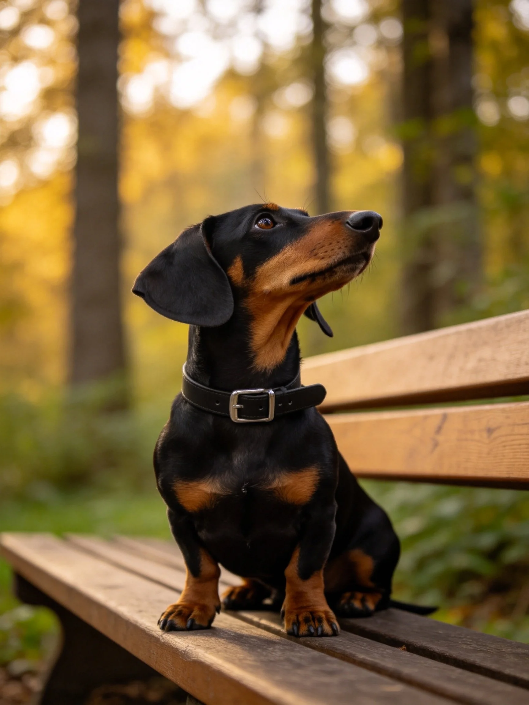 A black and tan dachshund sits on a wooden park bench