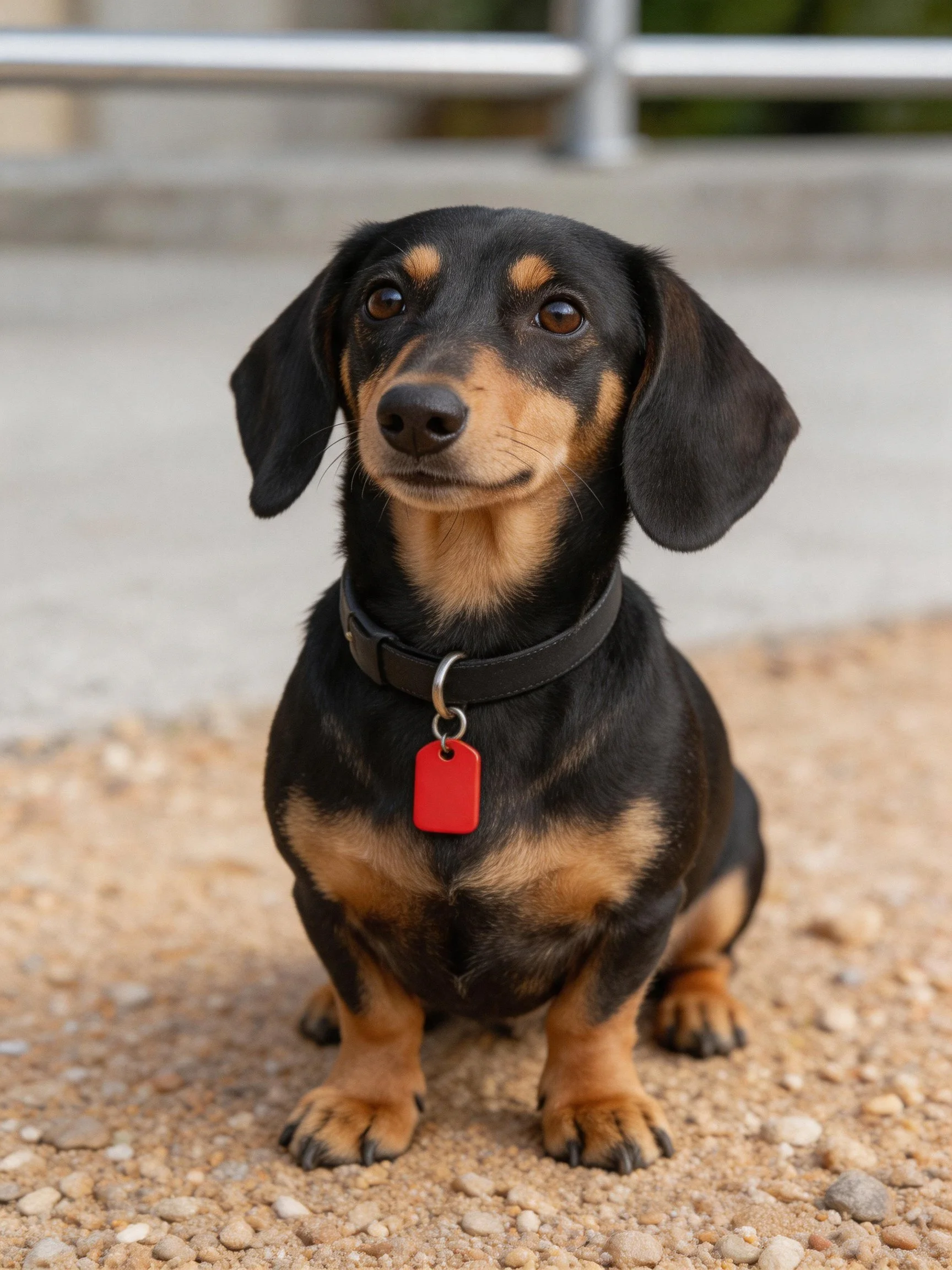 A black and tan dachshund sits calmly on gravel near a paved surface.