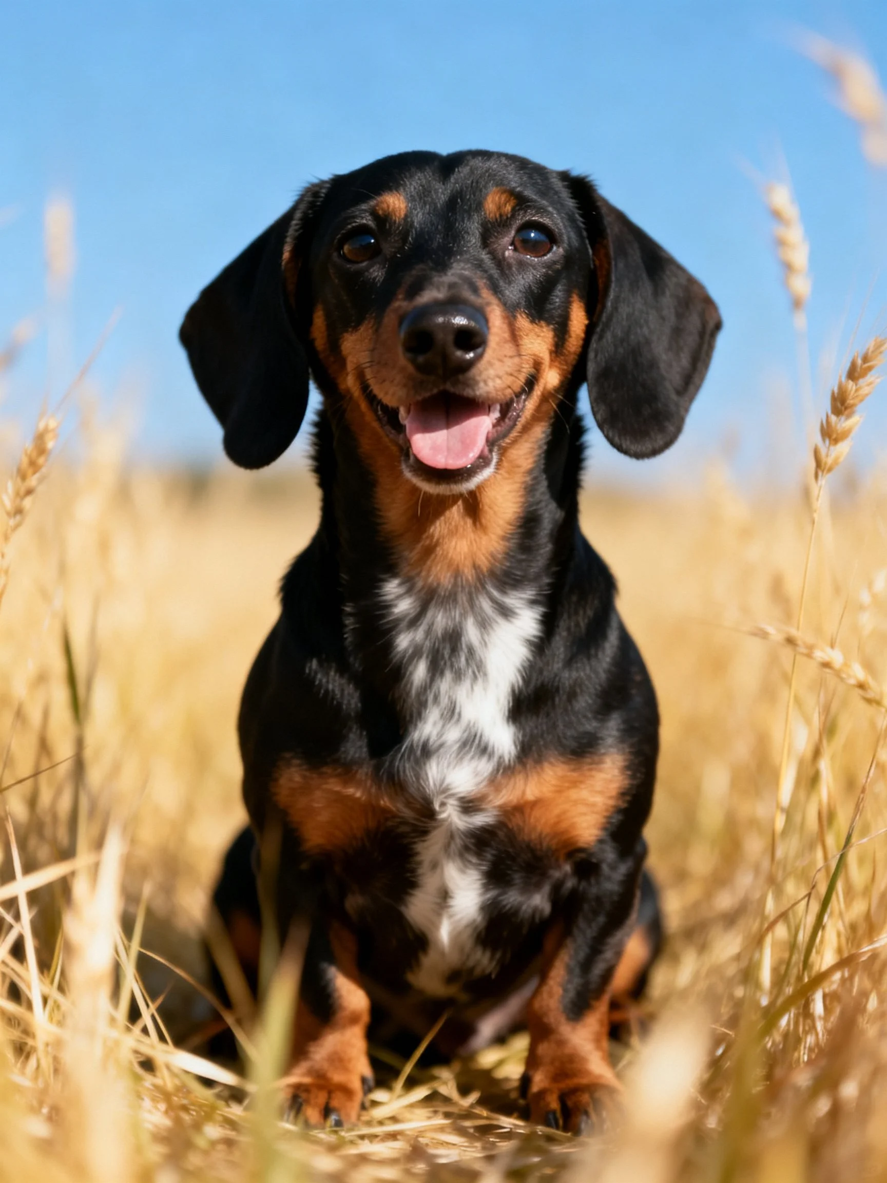 A black and tan dachshund sitting in golden wheat fields under bright blue sky