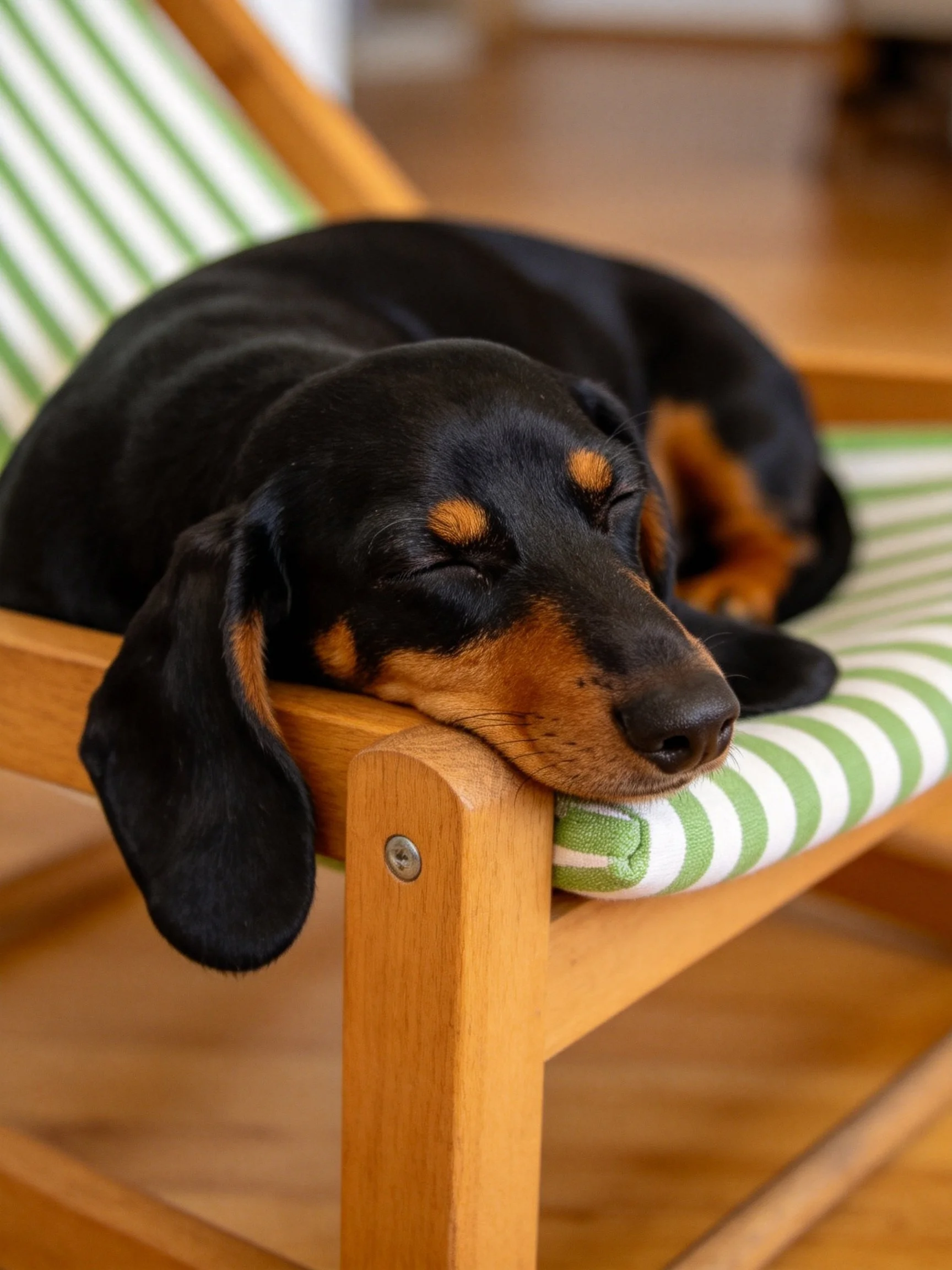 A black and tan dachshund sleeps on a striped wooden chair