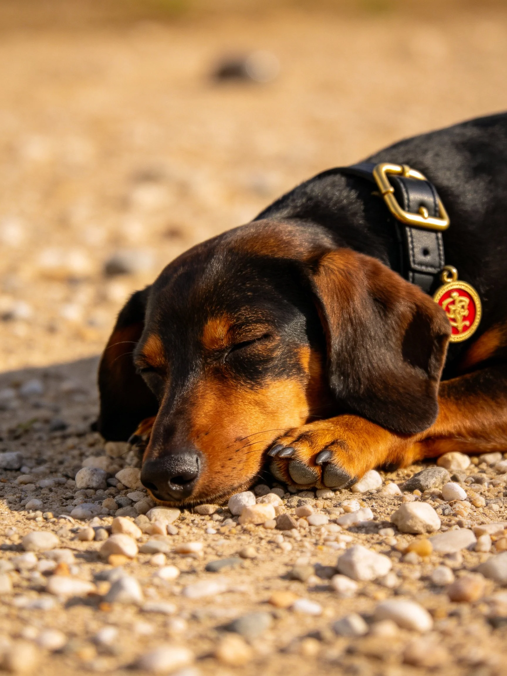 A black and tan dachshund rests calmly on gravel during sunny conditions.
