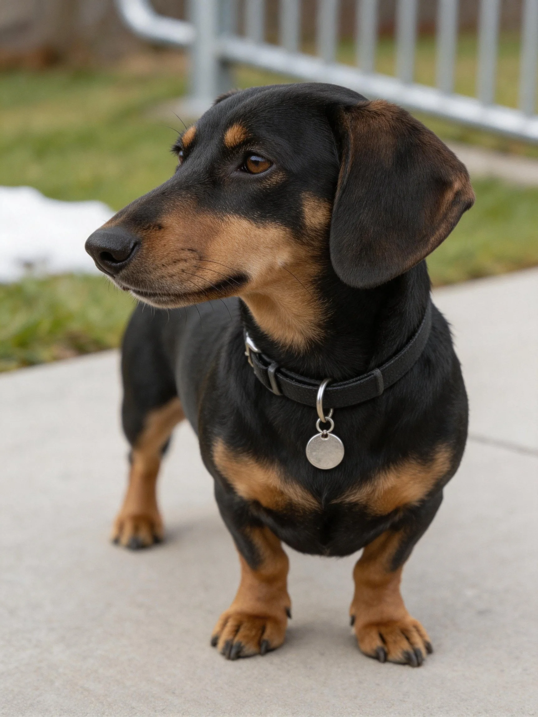 A black and tan dachshund stands alert on a concrete path near grassy areas.