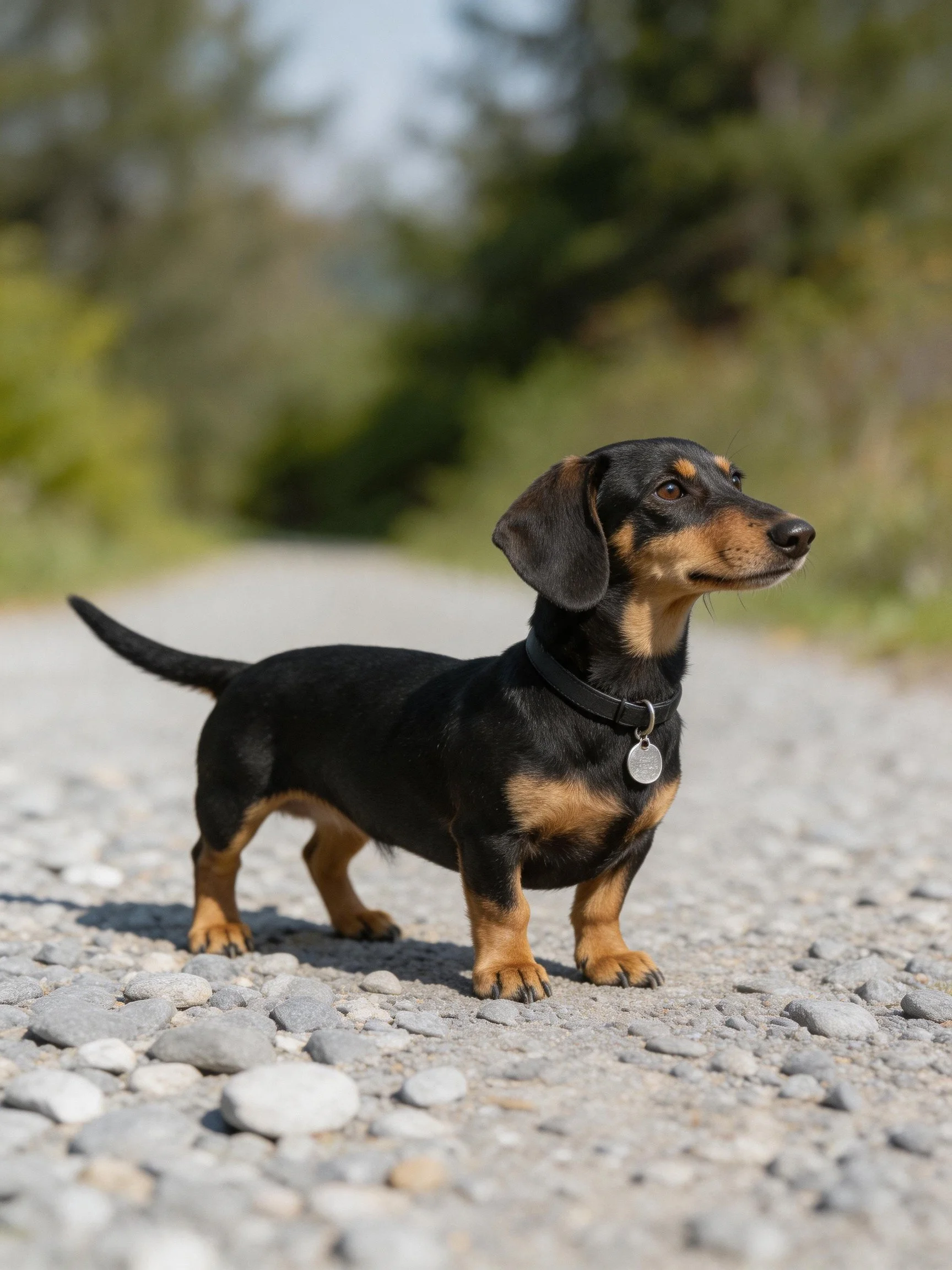 A small black and tan dachshund stands alert on a gravel path surrounded by greenery