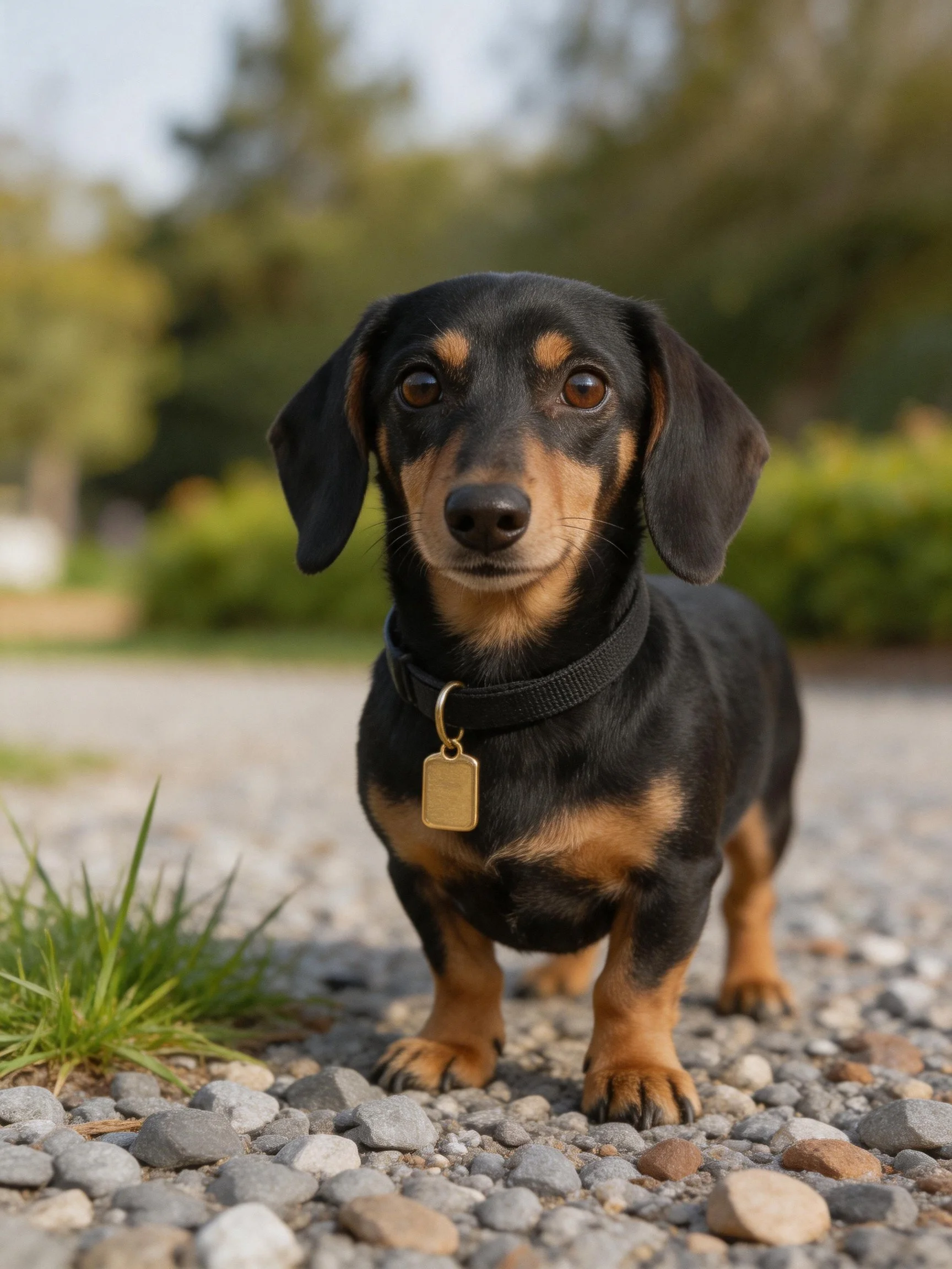 A black and tan dachshund stands on a gravel path in an outdoor setting.