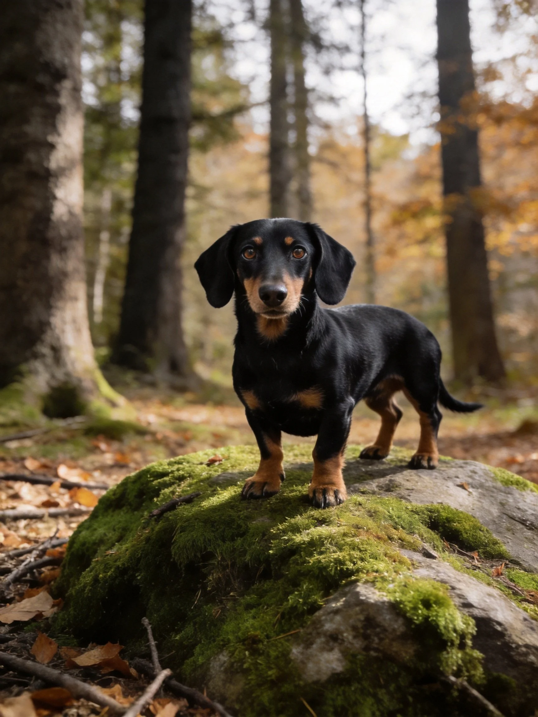 A small black and tan dachshund stands on a mossy rock amid tall trees in a forest.