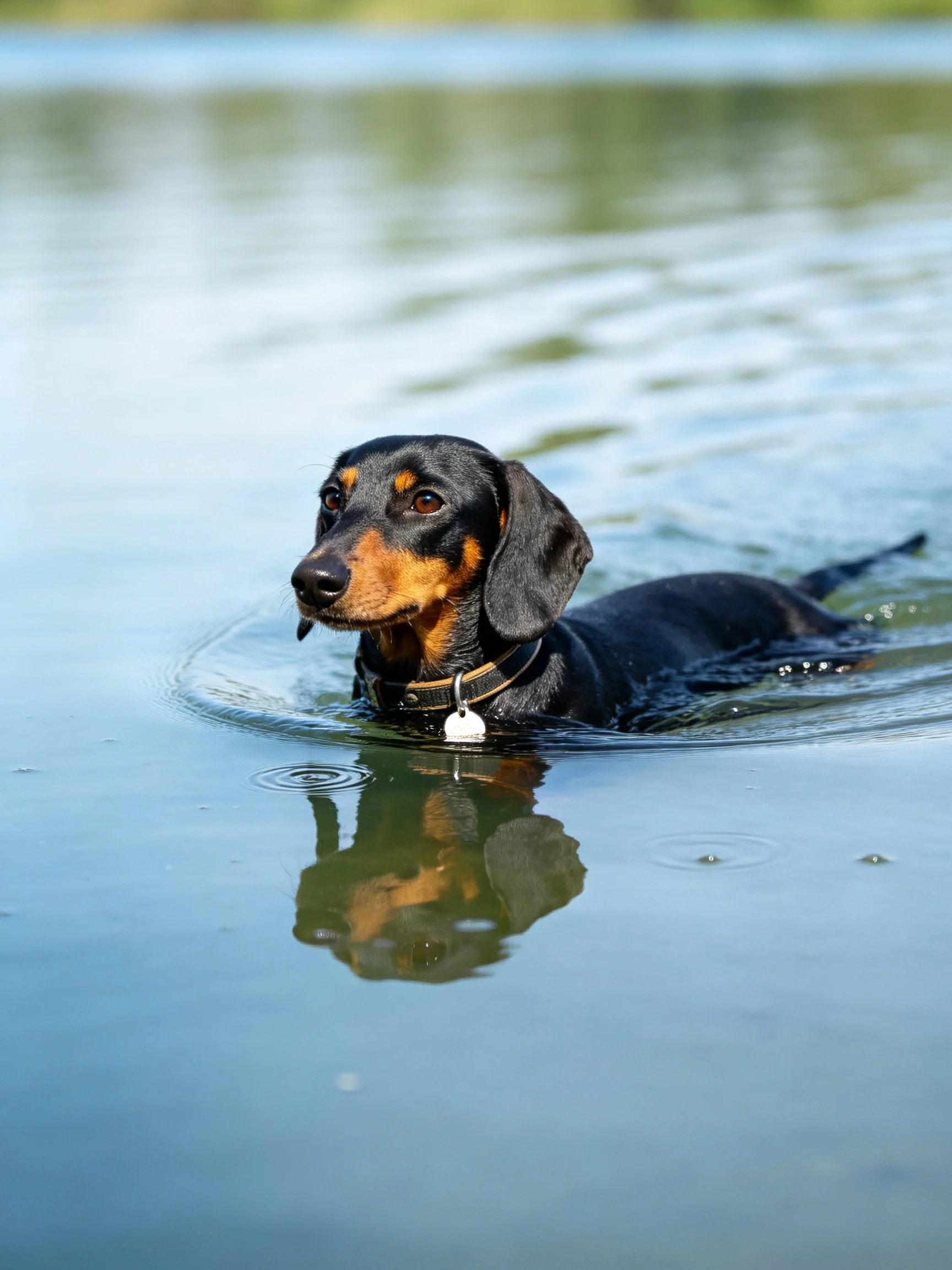 A black and tan dachshund swims in calm blue water