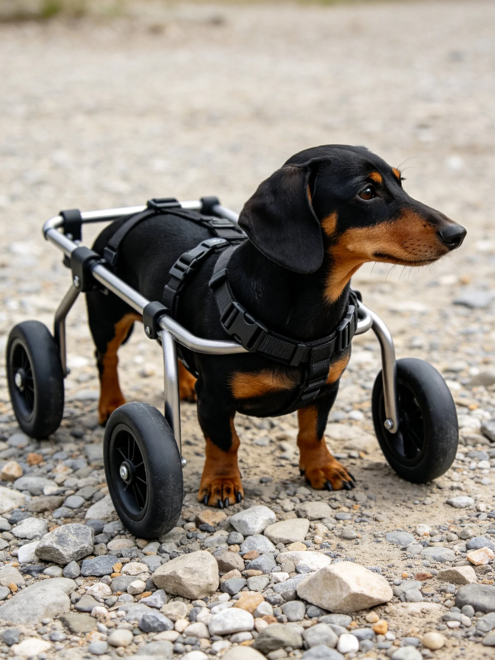 A black and tan dachshund uses a wheeled mobility device on rocky ground.
