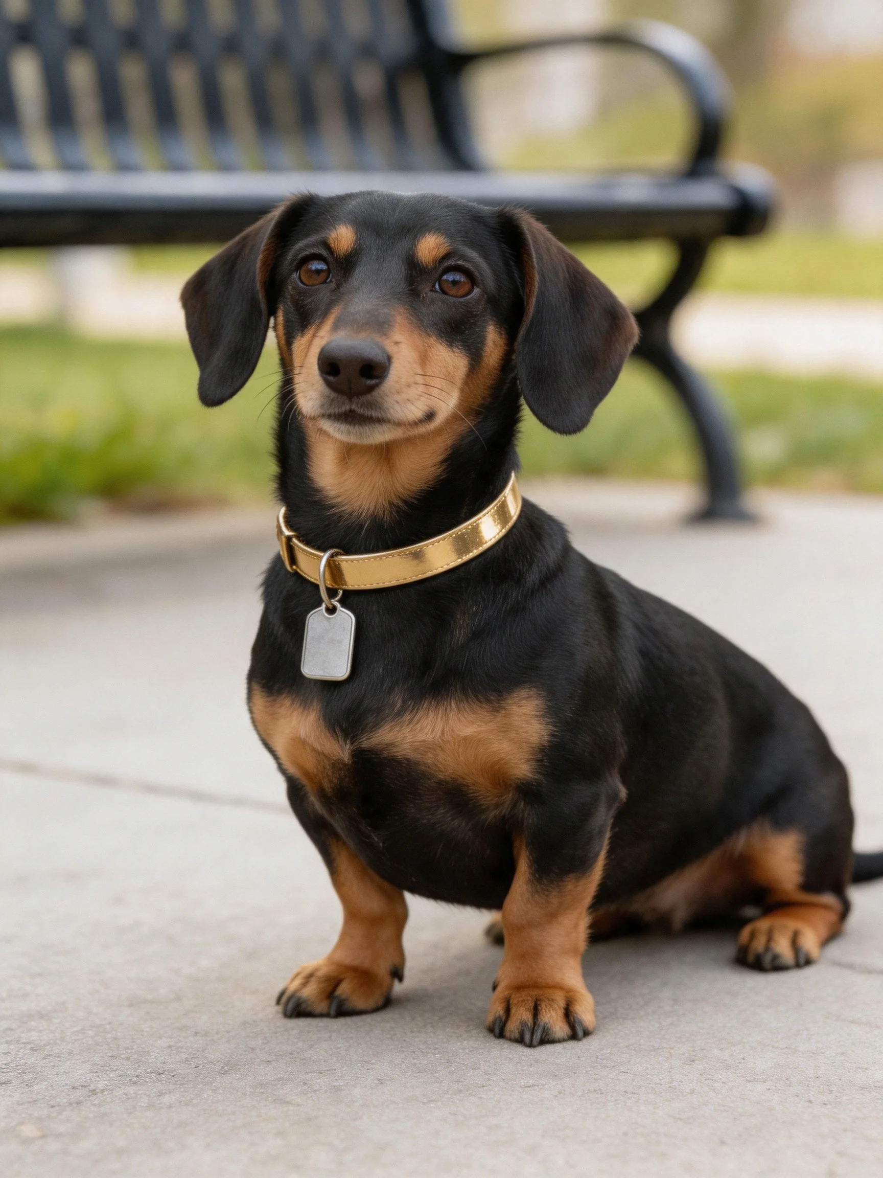 A black and tan dachshund wearing a gold collar sits near a park bench