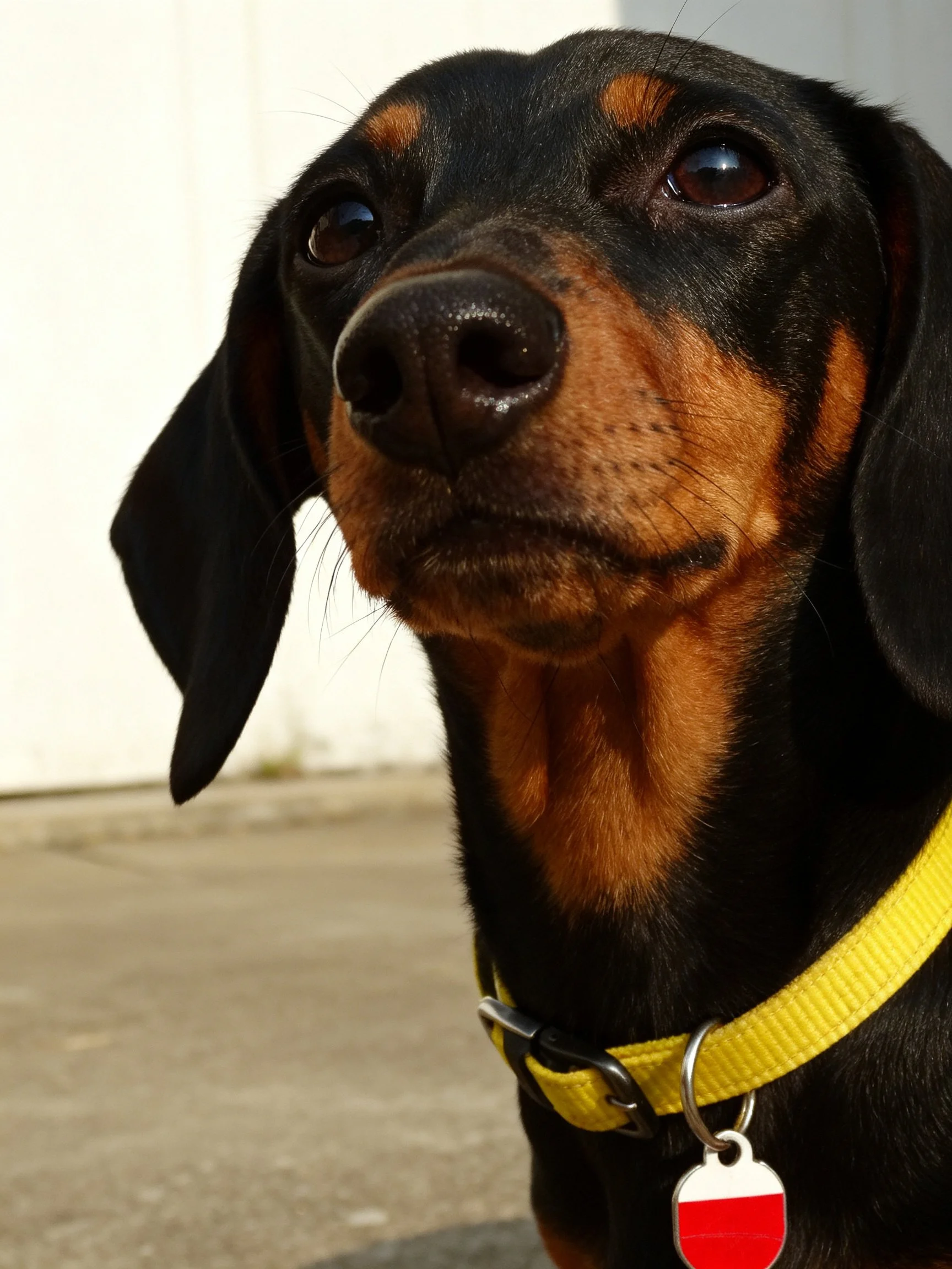 A close - up of a black and tan dachshund wearing a yellow collar.