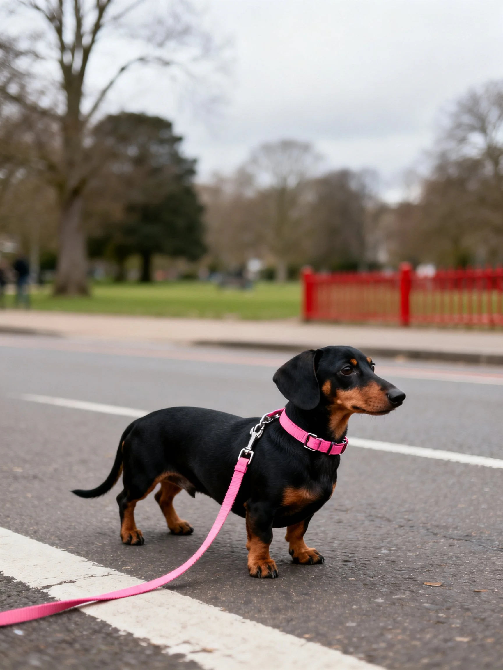 A small black and tan dachshund stands on a paved road with apink leash.