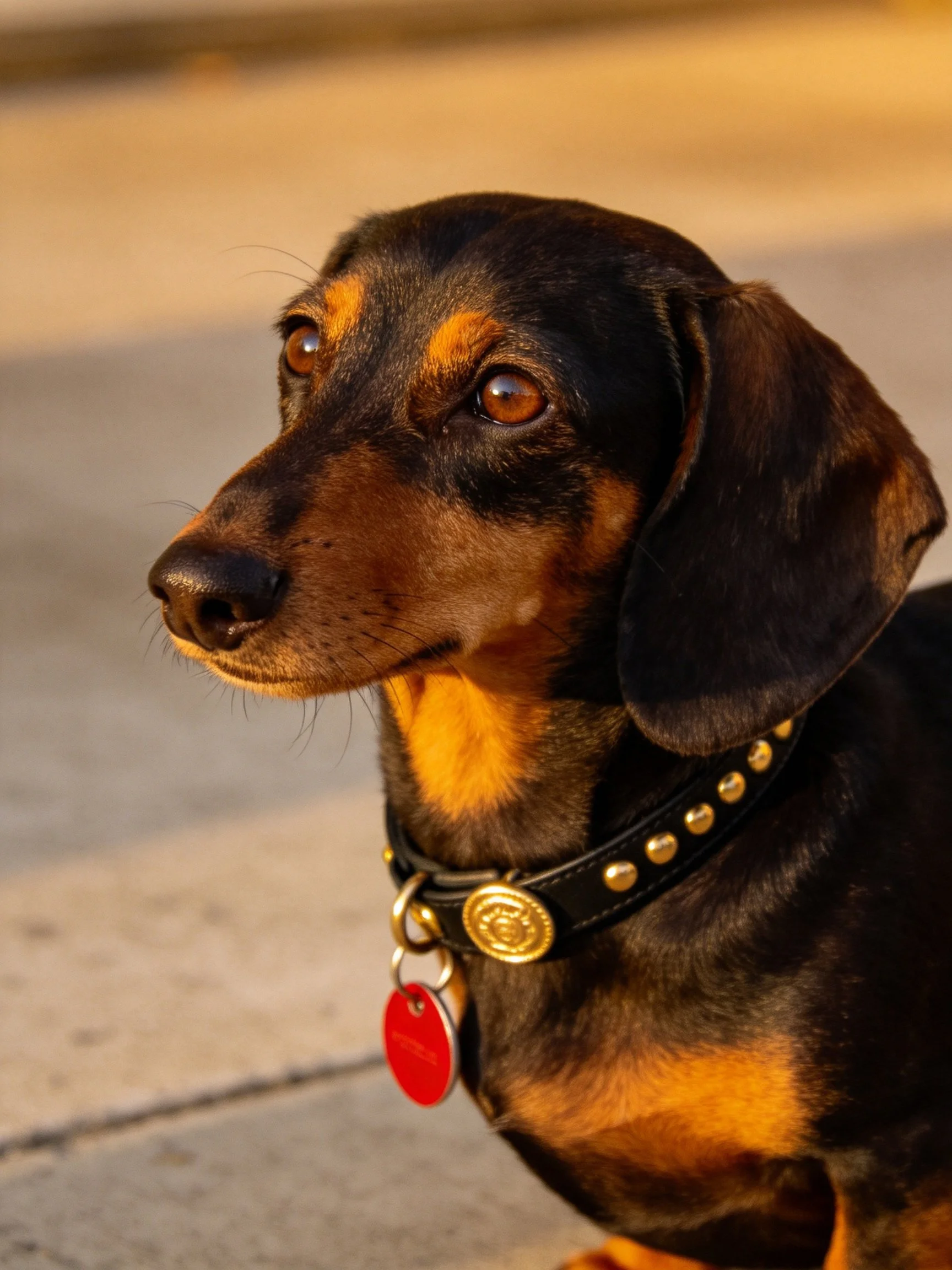 A black and tan dachshund with studded collar on concrete