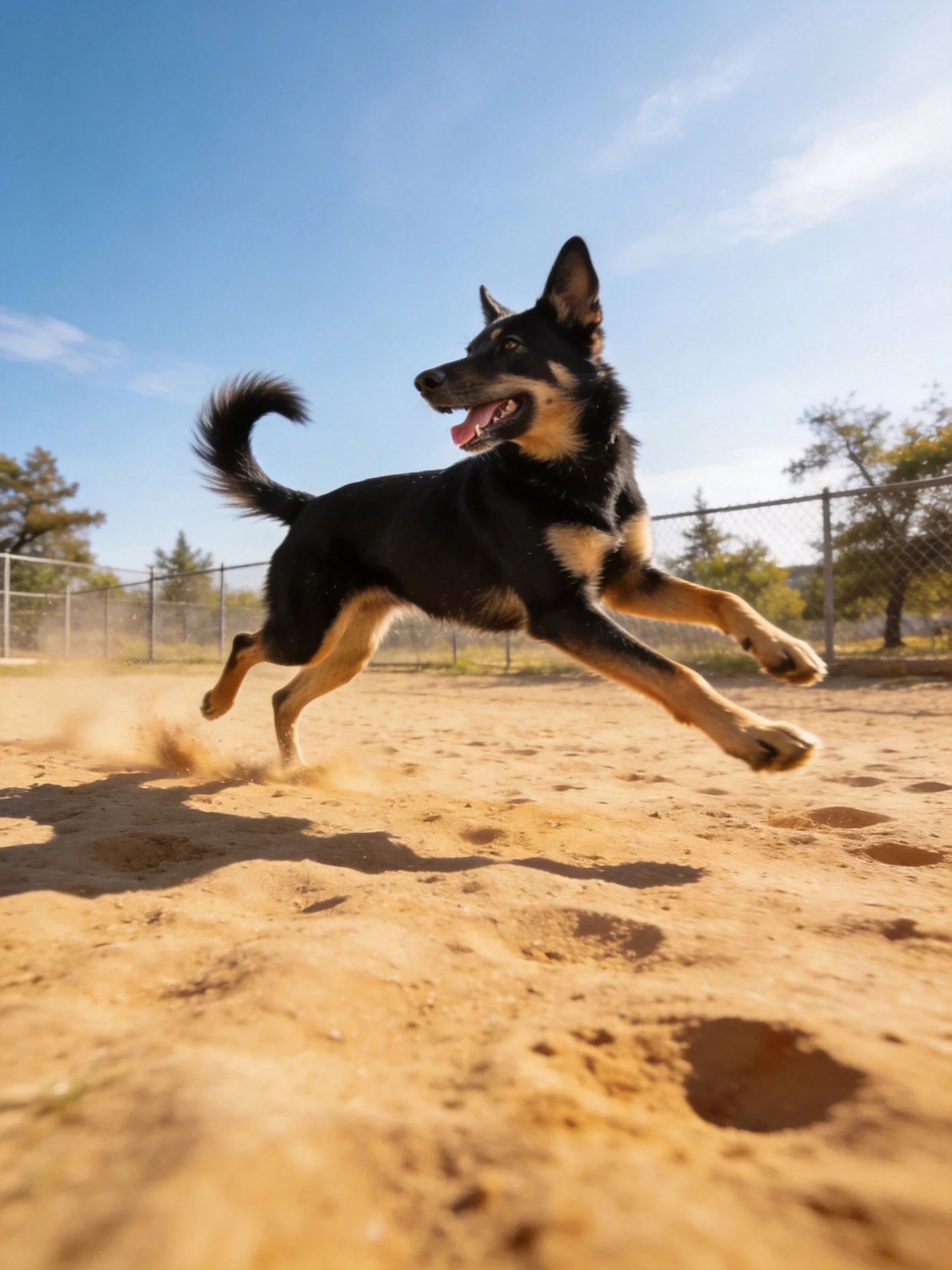 A black and tan dog bounds across sandy ground near a fenced area