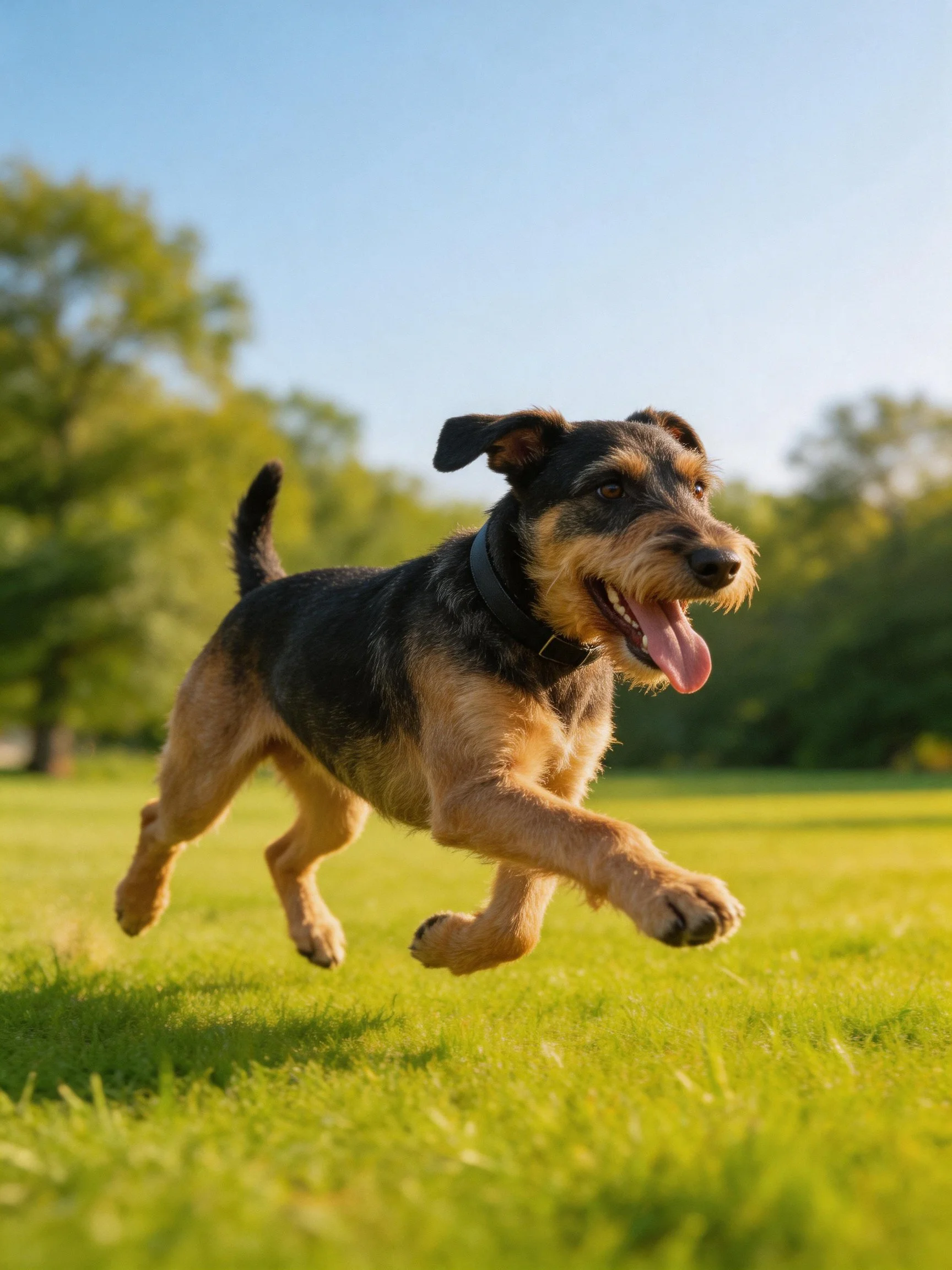 A black and tan dog bounds happily across a sunlit grassy park
