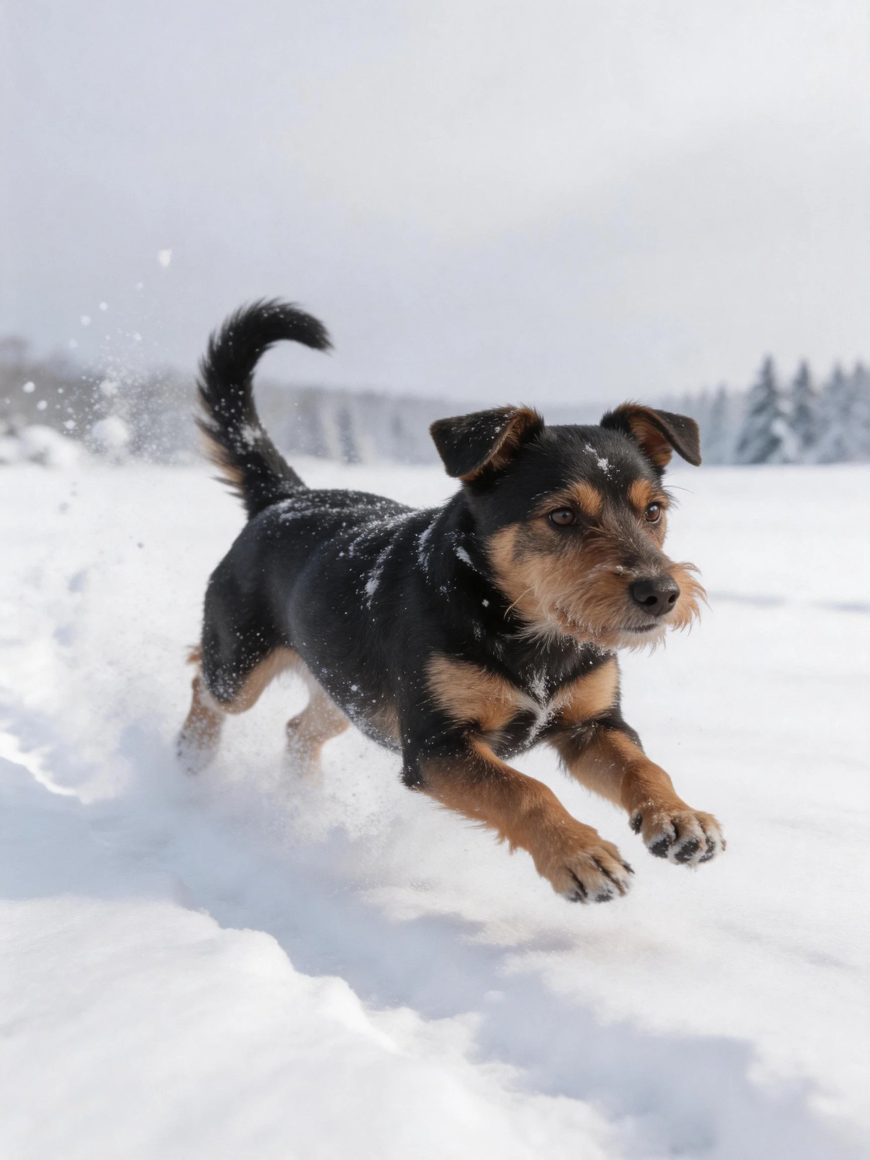 A black and tan dog runs energetically through deep snow.
