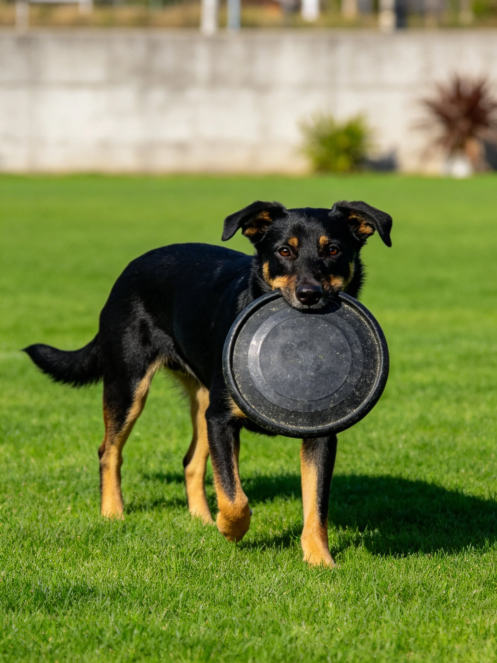 A black and tan dog carrying a large gray disc on green grass