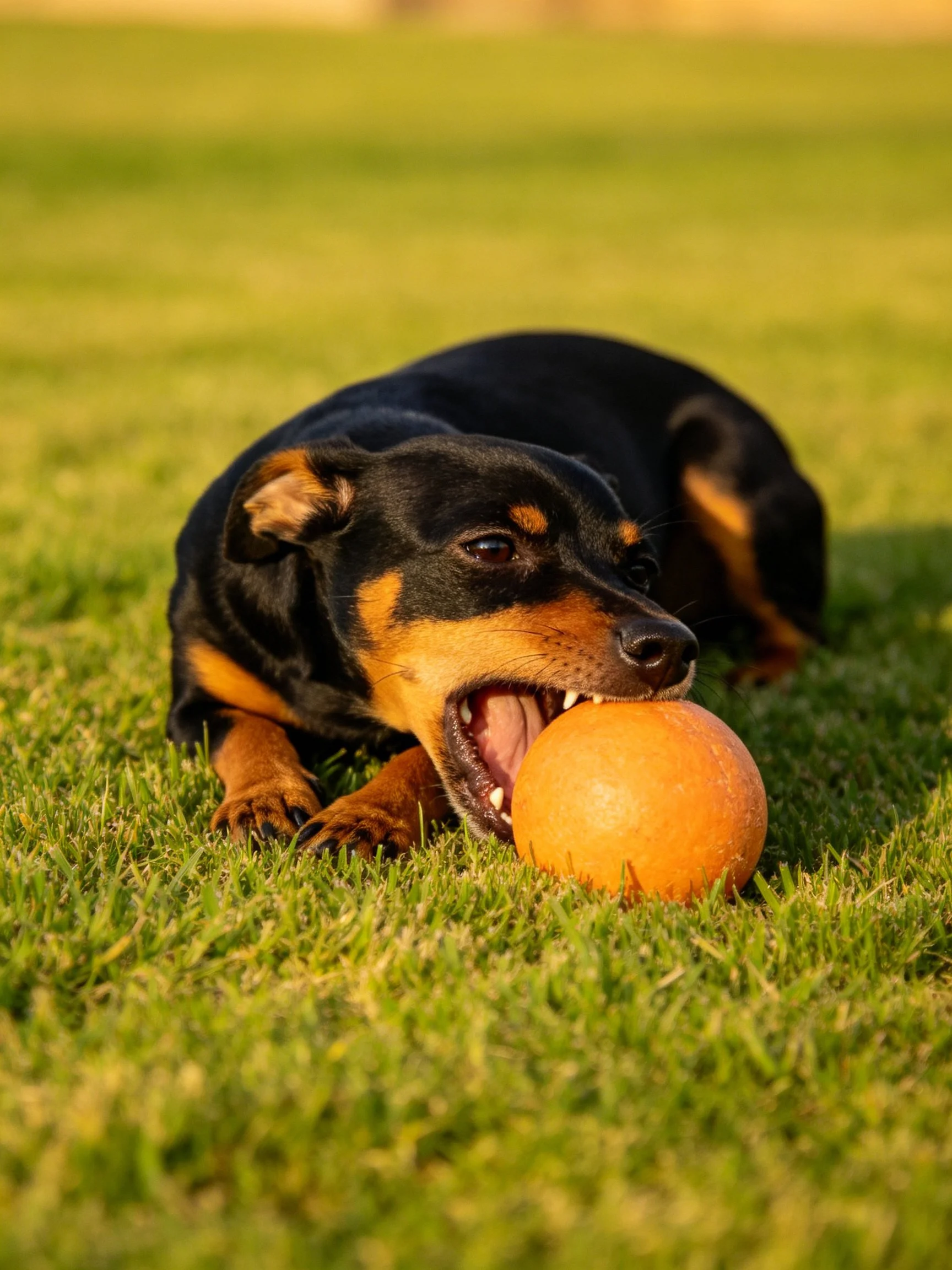 A black and tan dog chewing an orange ball on lush green grass