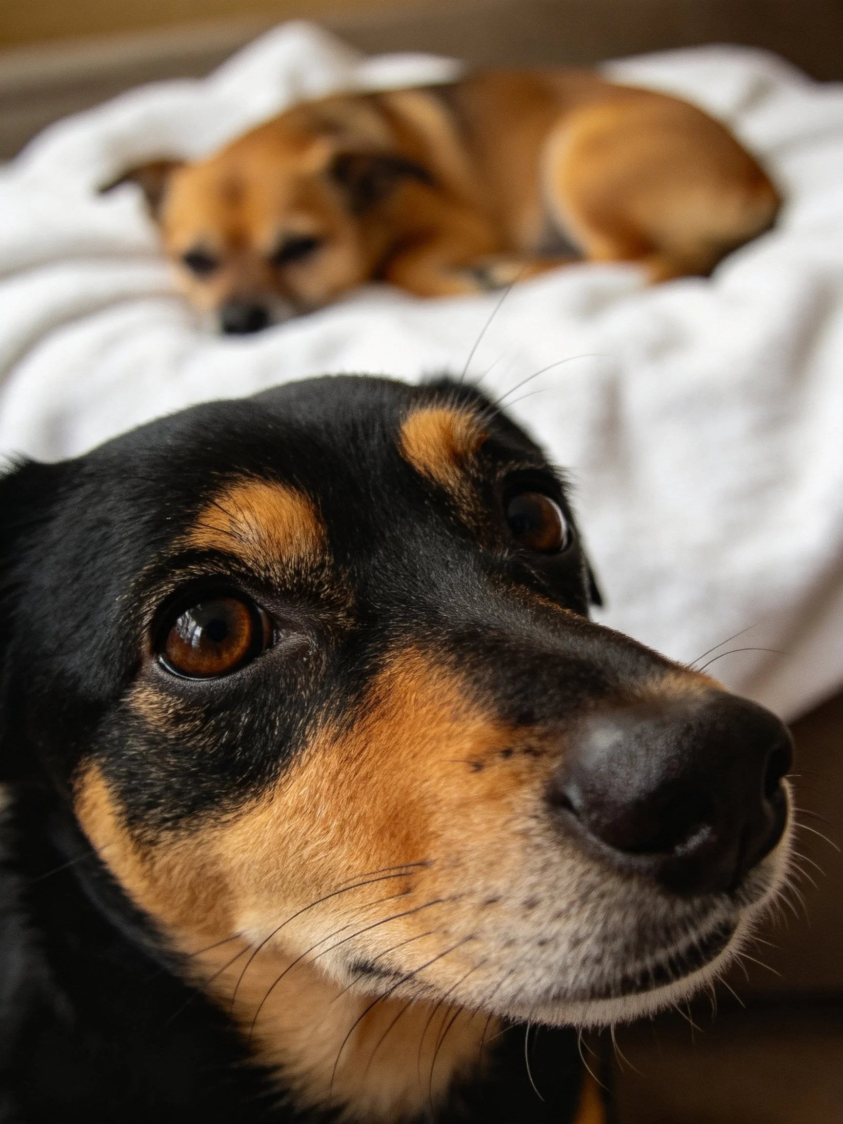 A black and tan dog is shown up close while a sleeping tan puppy rests on white bedding in the background.