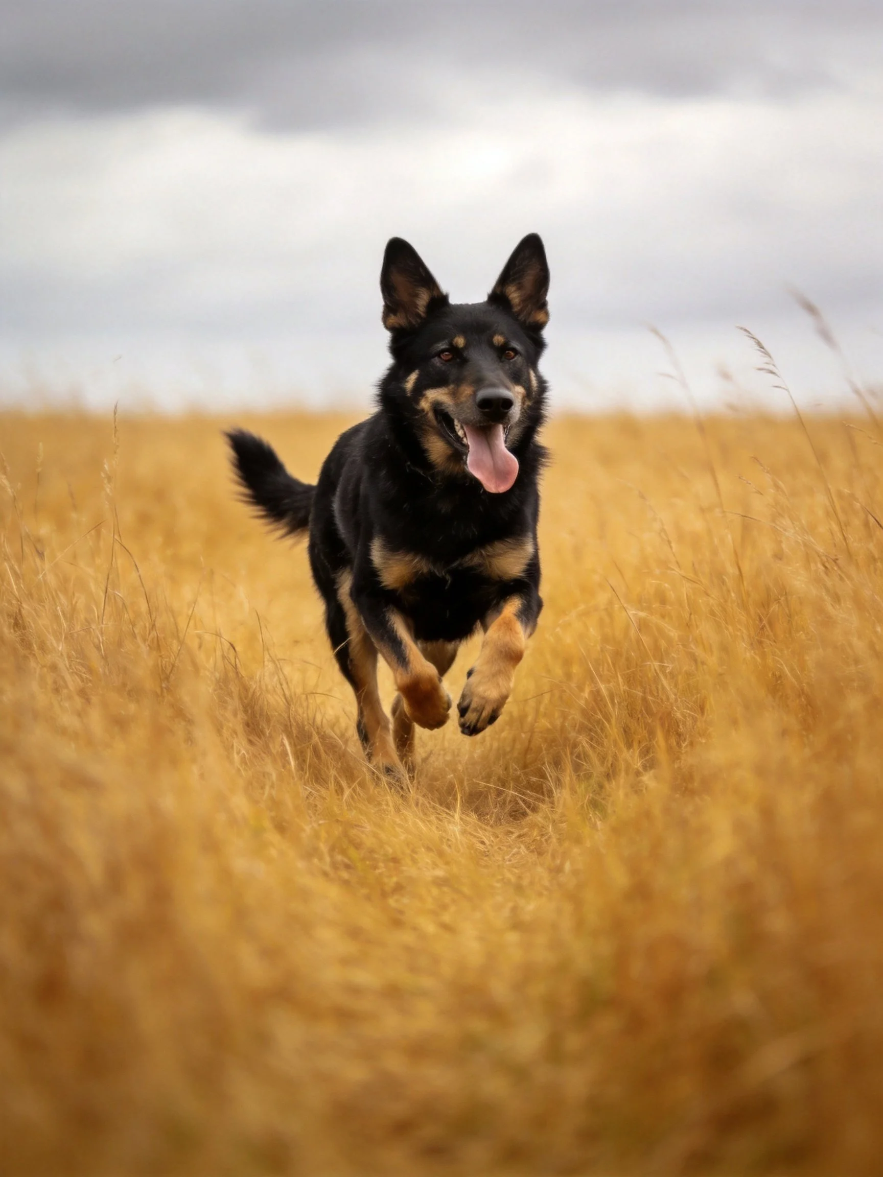 A black and tan dog runs energetically through golden grass.