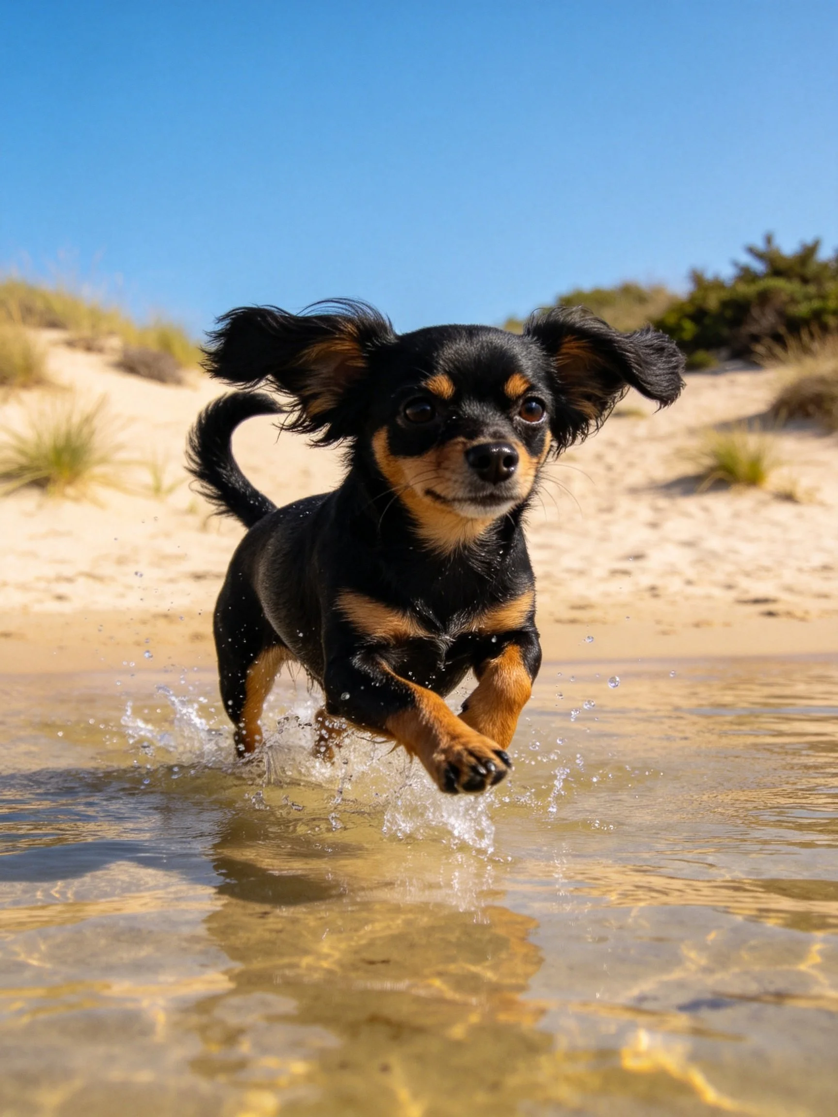 A small black and tan dog runs energetically through shallow water near a sandy beach.