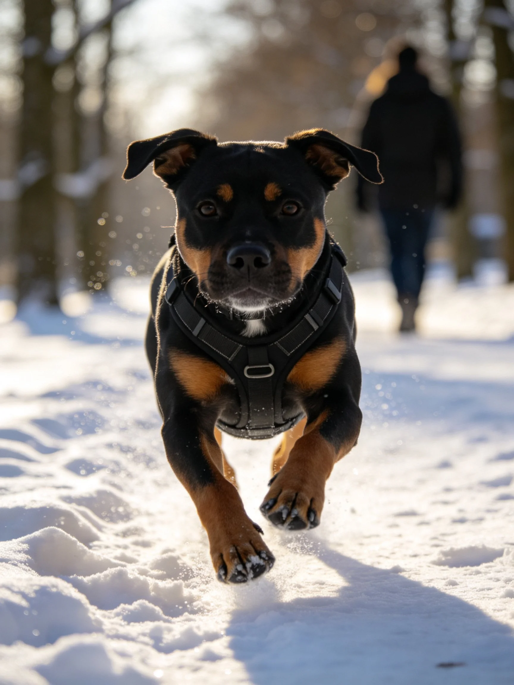 A black and tan dog runs energetically on a snowypath with a pedestrian in the distance