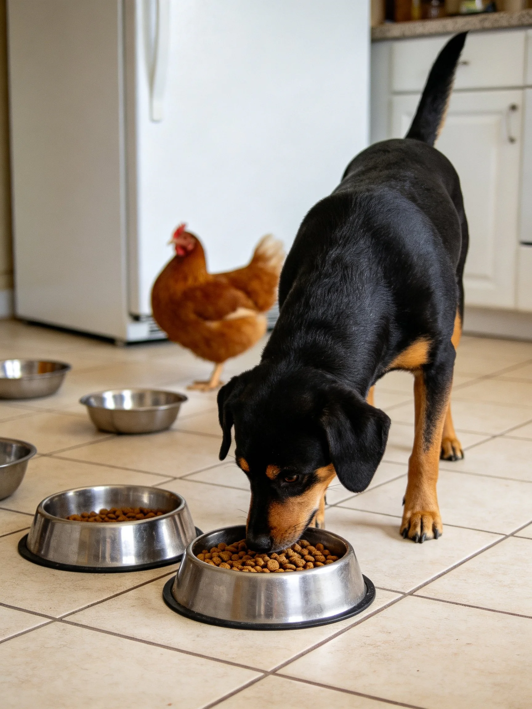 A black and tan dog eats near a brown hen with metal bowls in a kitchen