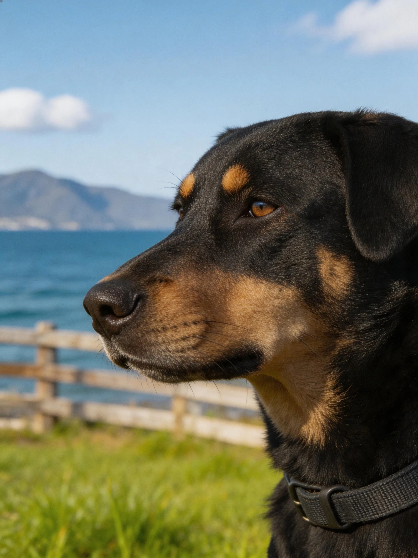 A black and tan dog gazes toward serene lakeside with distant mountains