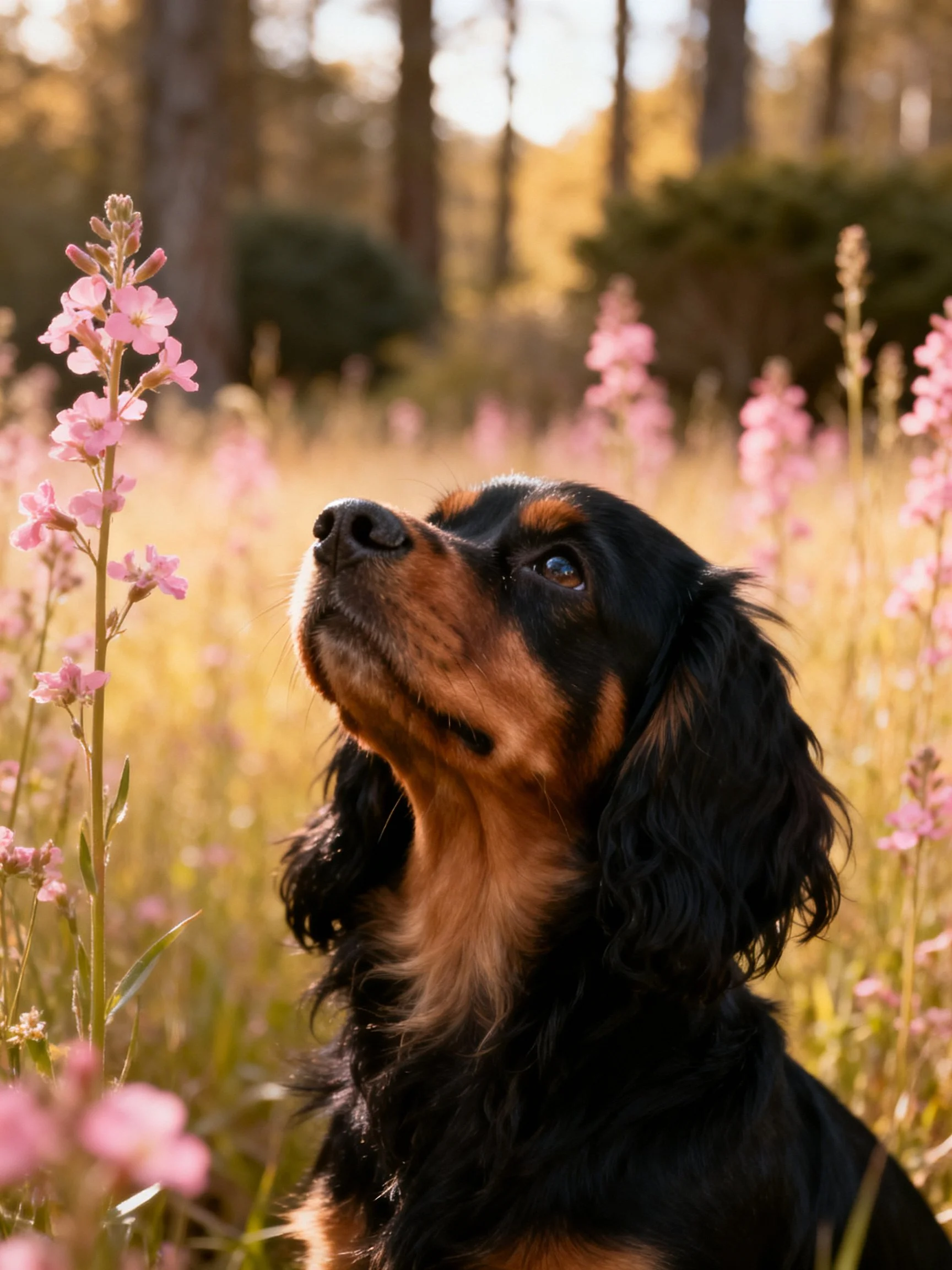 A black and tan dog gazes upward among pink wildflowers in a sunlit meadow