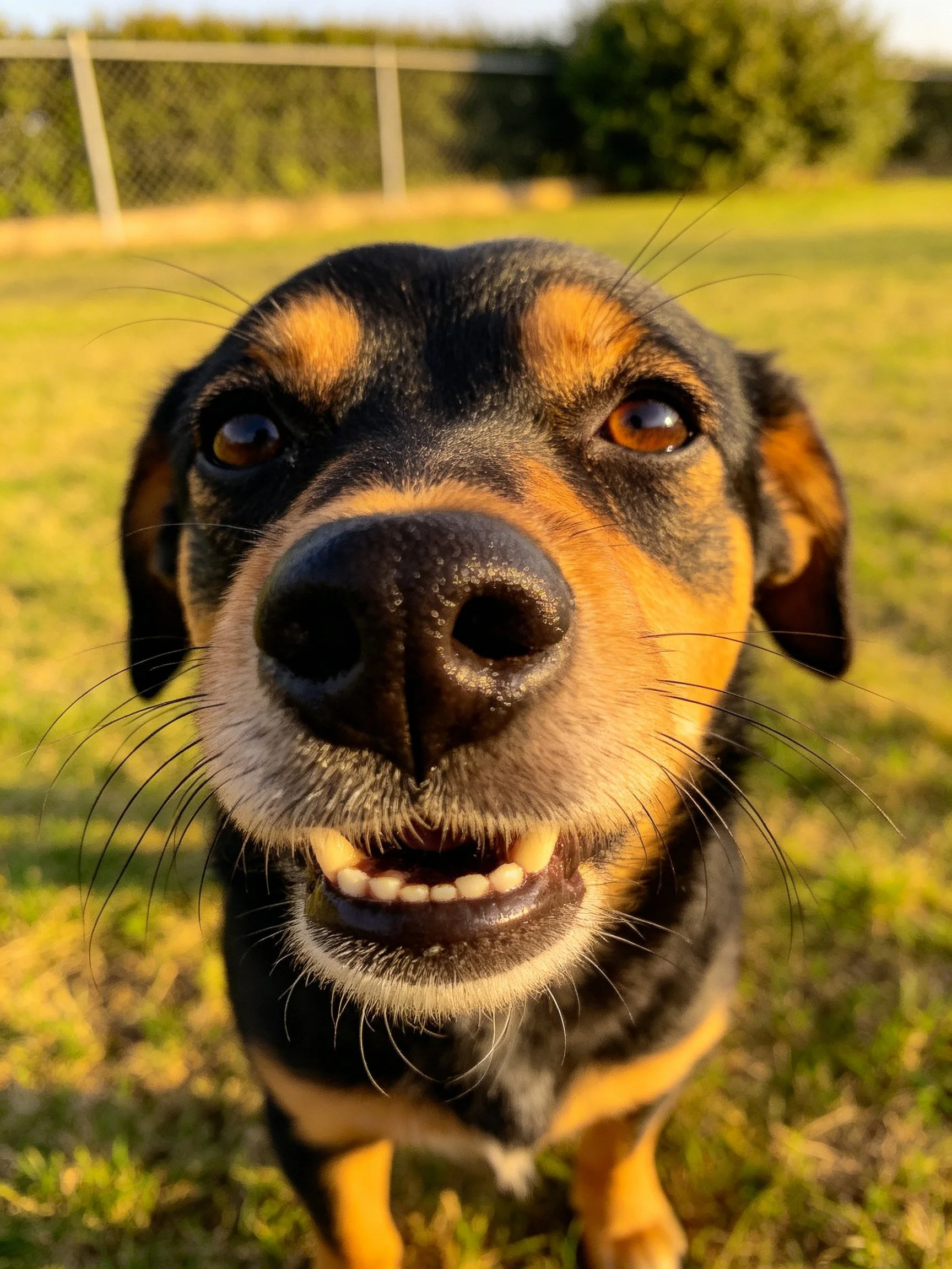 A black and tan dog smiles broadly in an outdoor grassy setting.