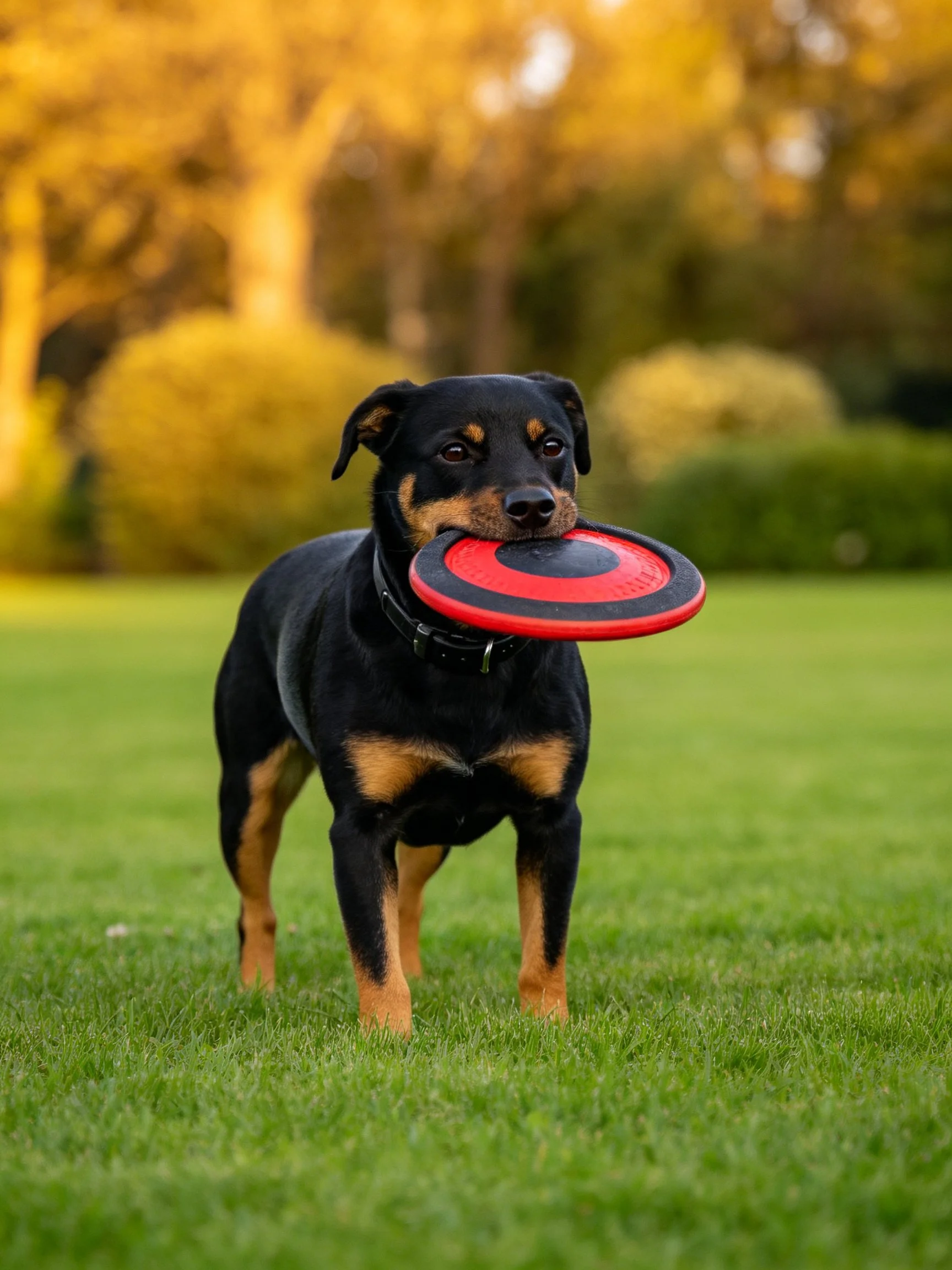 A black and tan dog stands on green grass holding a frisbee
