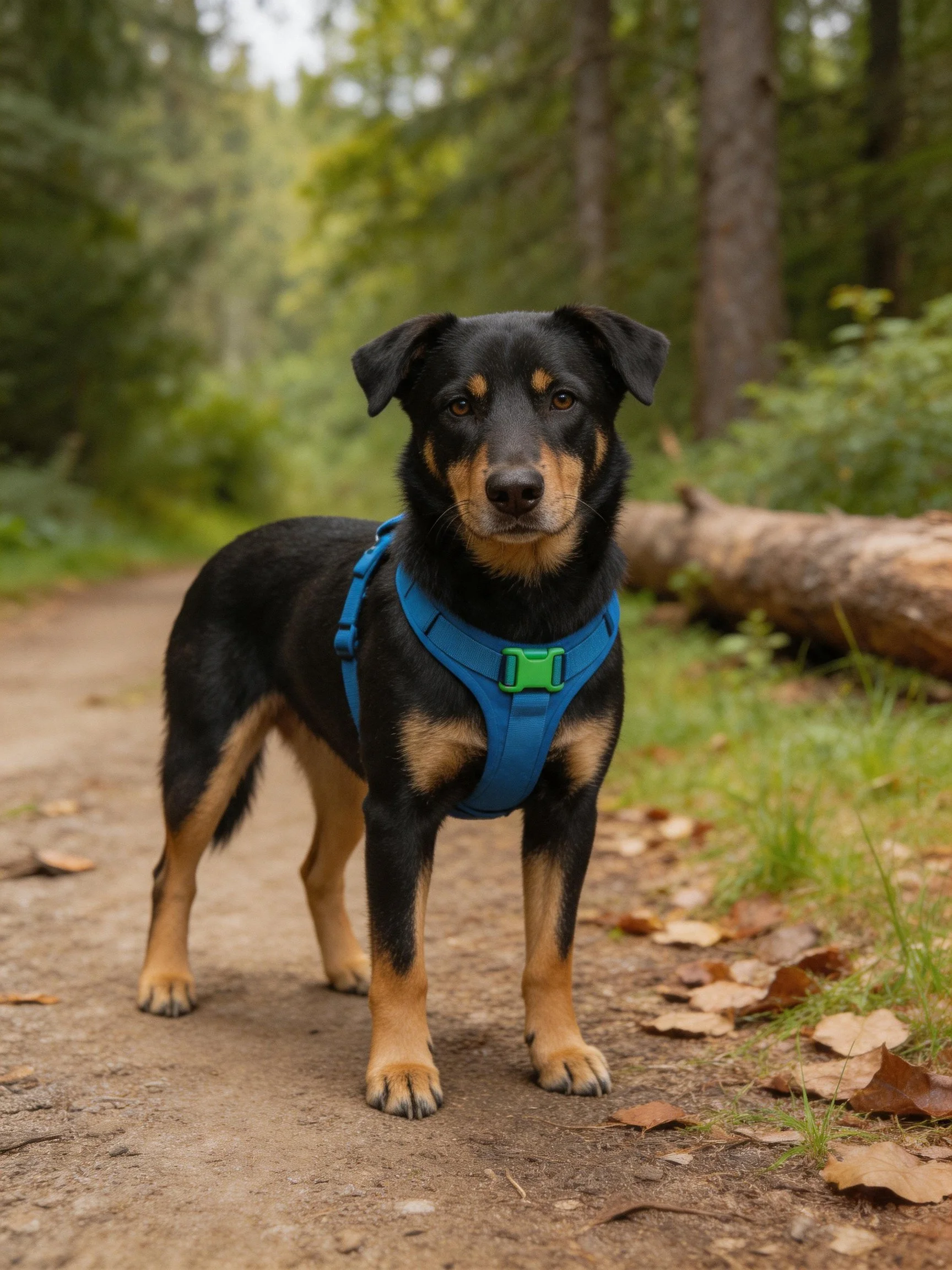 A black and tan dog in a blue harness on a forest path