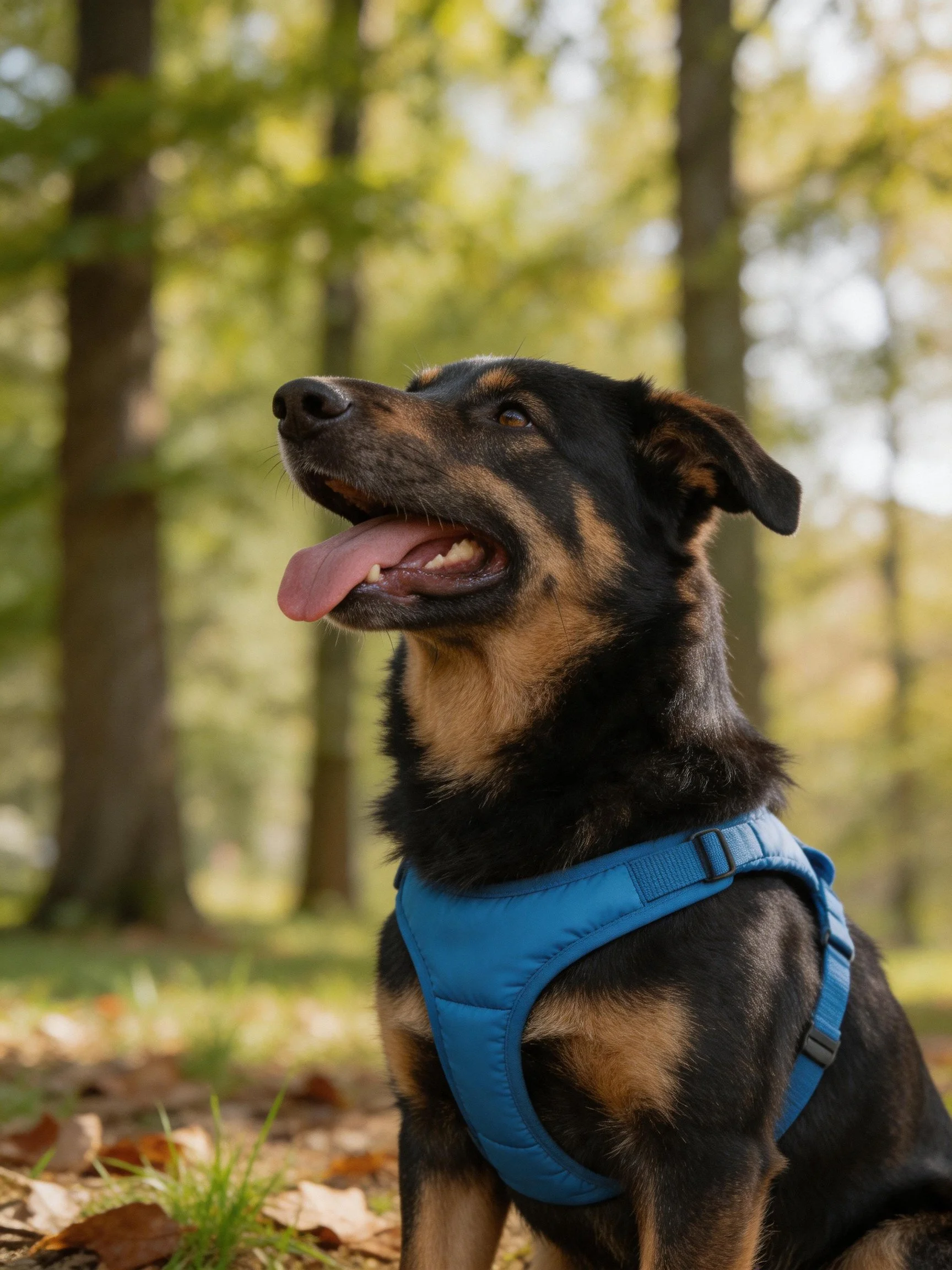 A black and tan dog in a blue harness enjoys a peaceful moment in nature.